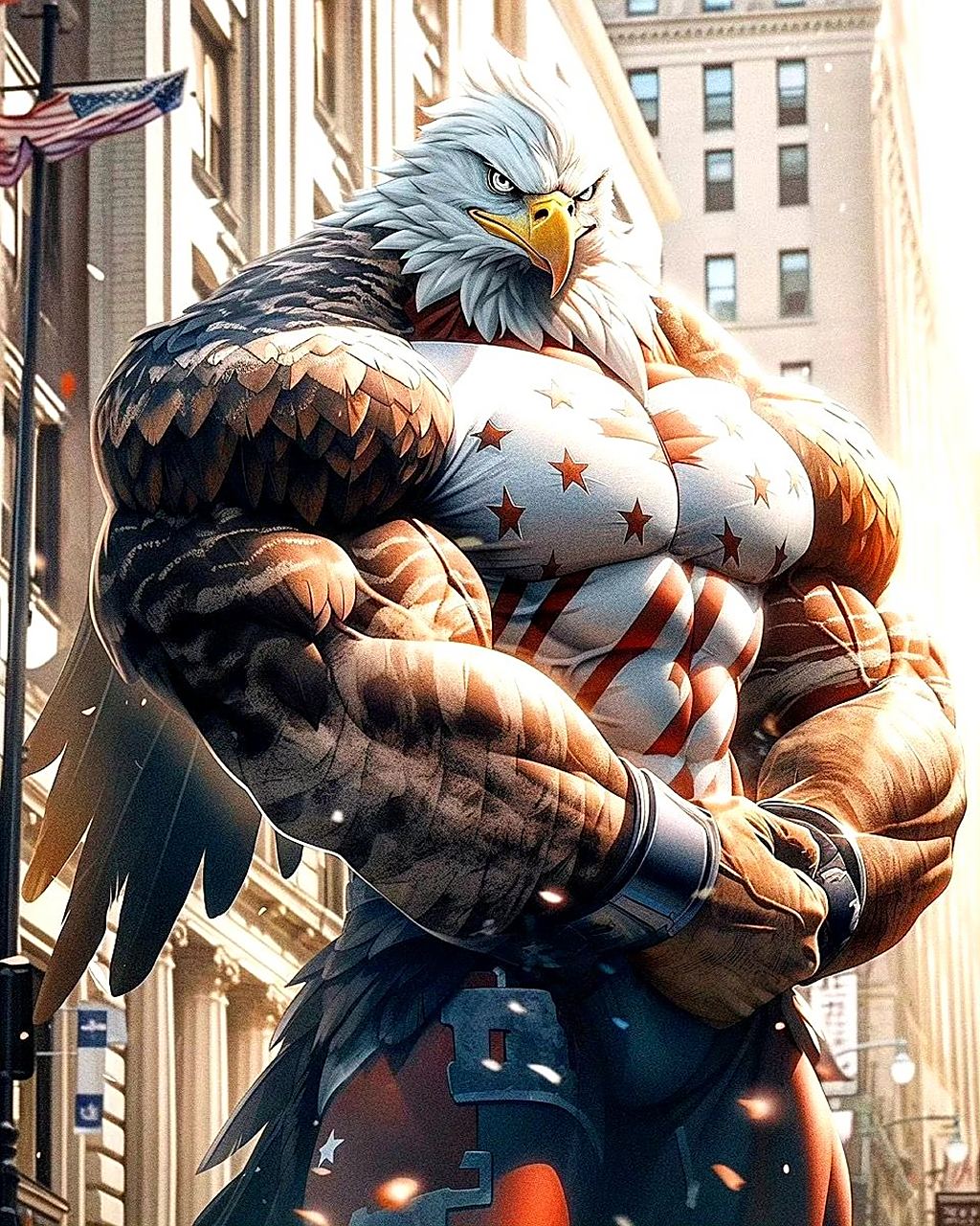 一组ai生成的动物拟人插画作品,将动物都变成了筋肉战士,by mid