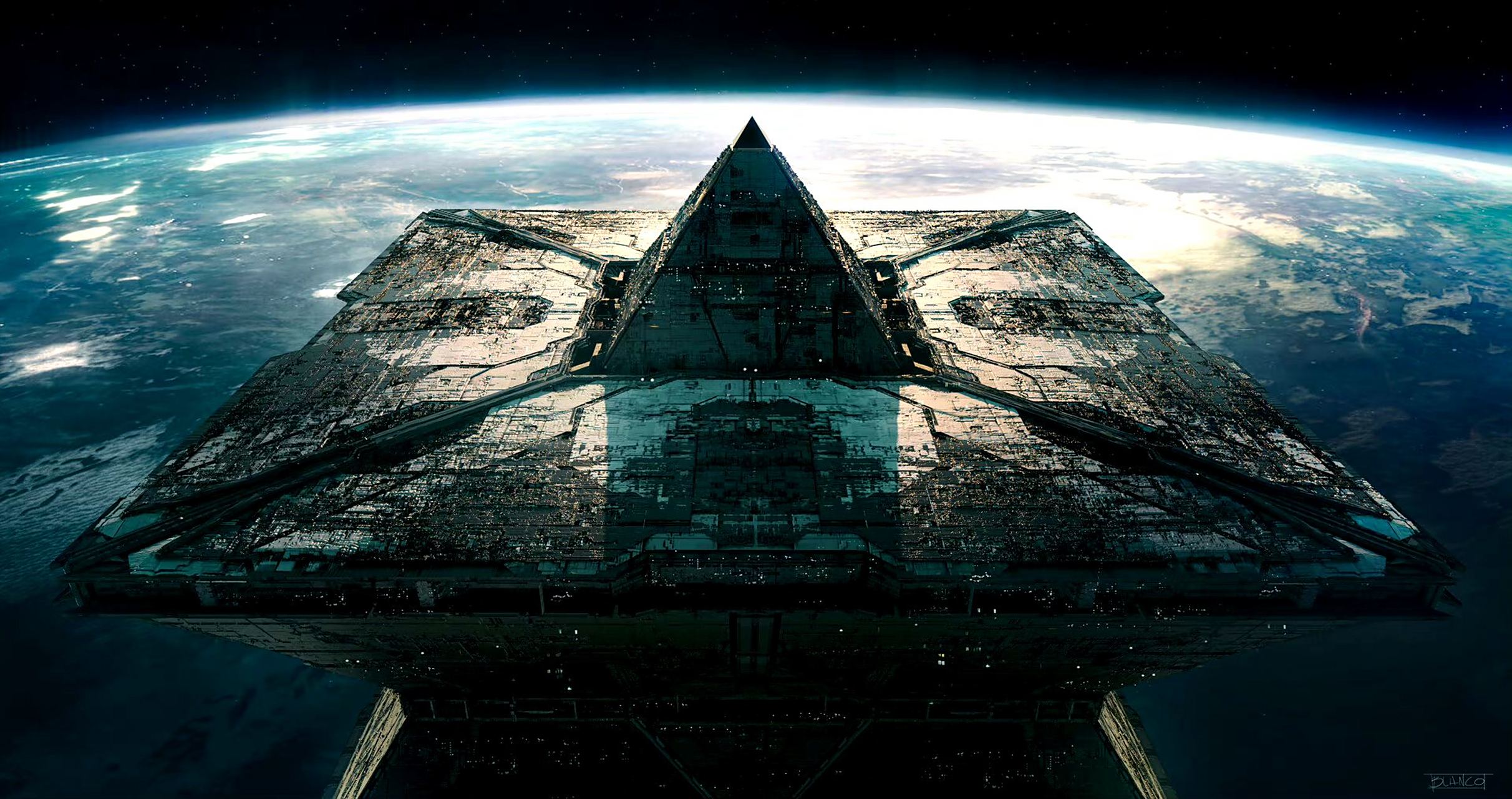 画师pedro blanco科幻插画欣赏,从天而降的太空战舰.