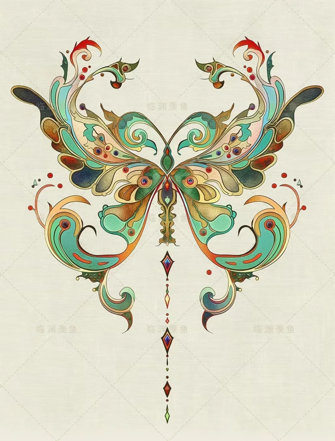 分享一组敦煌壁画纹样插画,描绘了形态各异的蝴蝶花纹,造型华丽而充满