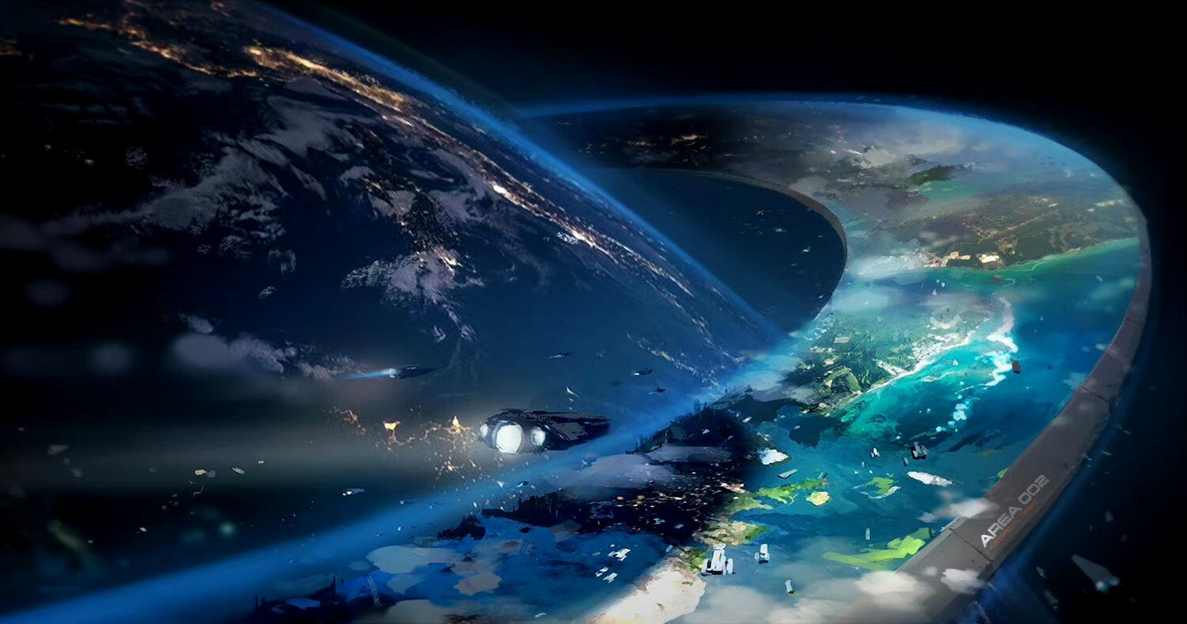 一组太空城市的景色欣赏,远处就是蓝色的地球,by  jongwon park.