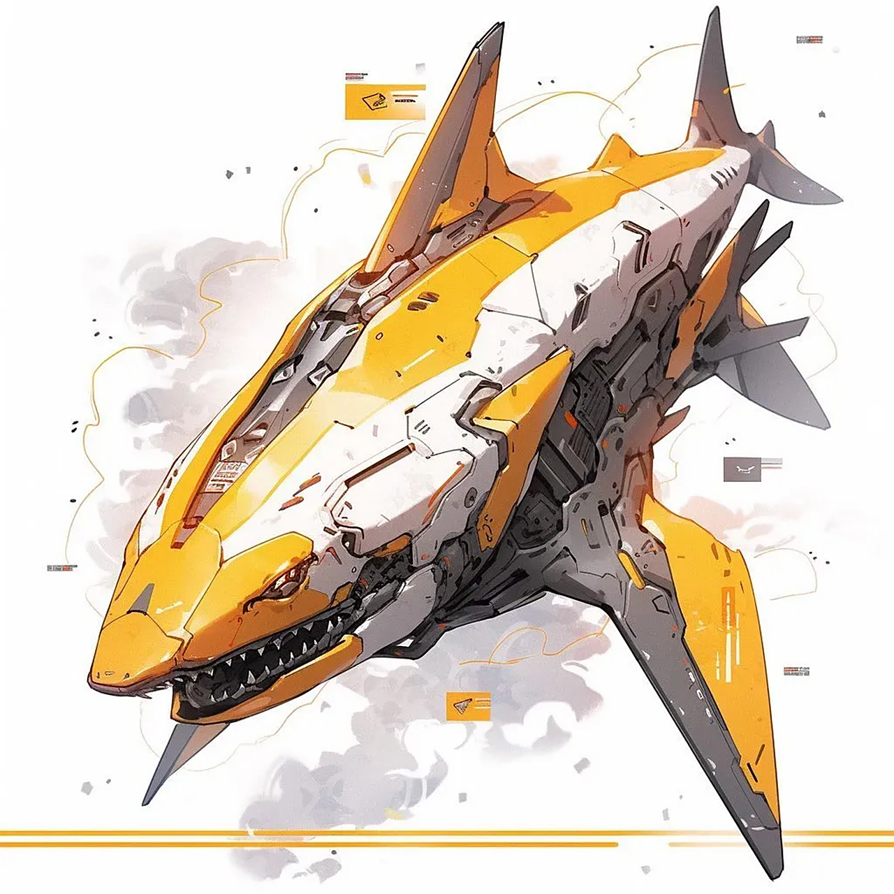 ai生成的一组机械鲨鱼插画,带有鱼雷与潜艇的要素.