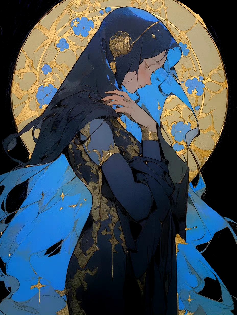 一组以"少女的祈祷"为主题的插画,色彩对比强烈,人物生动传神.