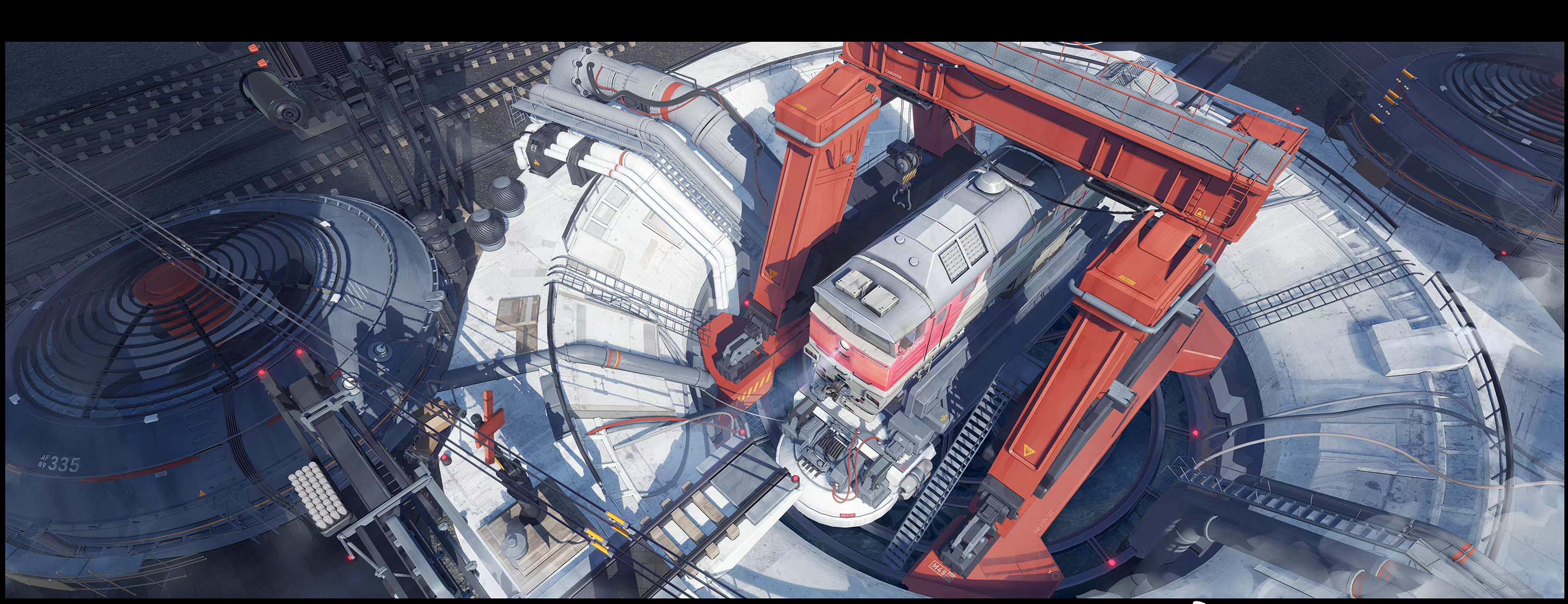 画师water-star创作的一组科幻场景绘画作品,展现了未来重工业风格的