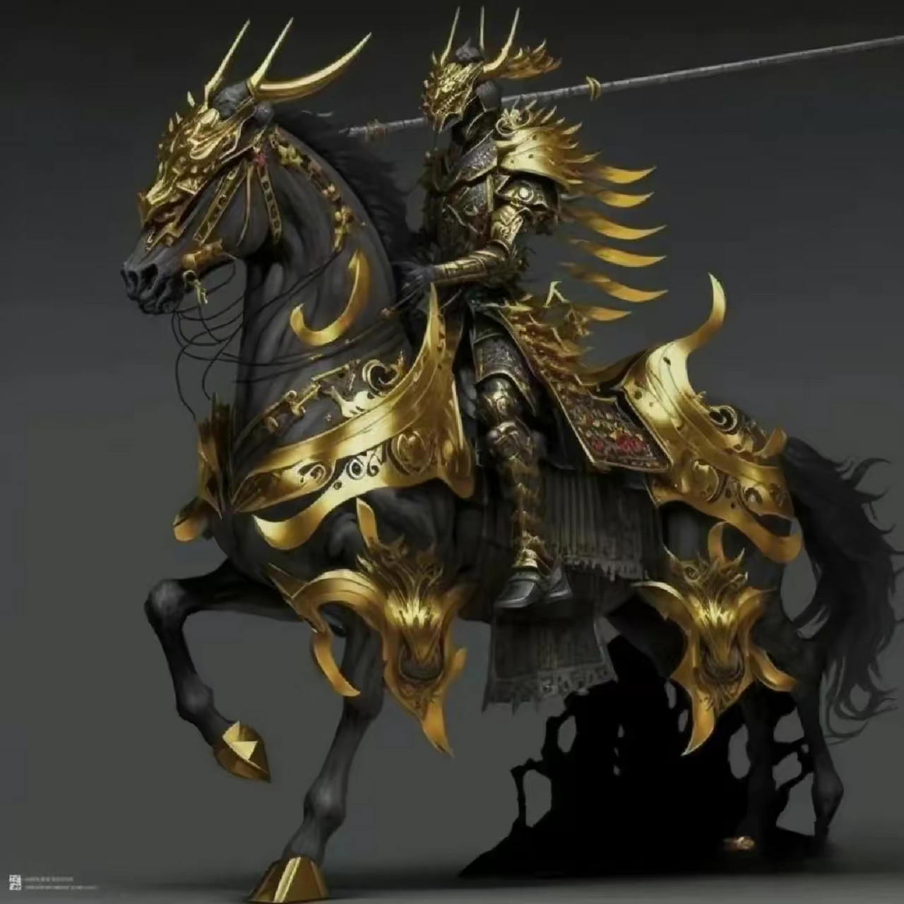 一组ai生成的建模作品,主题"金色骑士",展现了盔甲华丽的色彩.