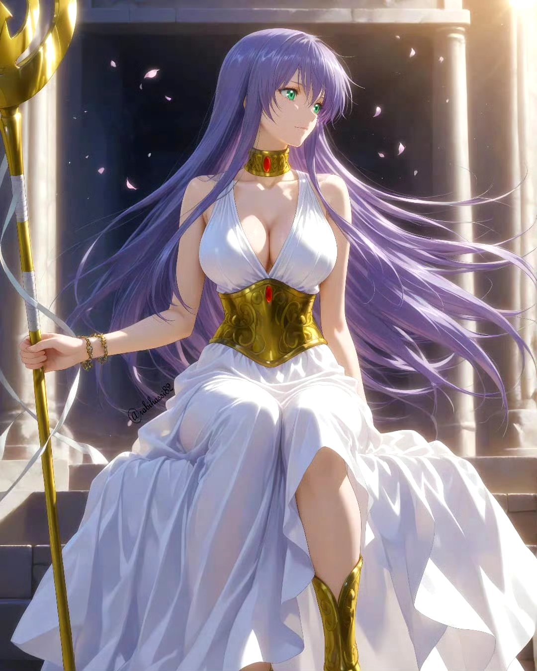 assi绘制的《圣斗士星矢:冥王神话》女神萨莎,她是上代雅典娜女神