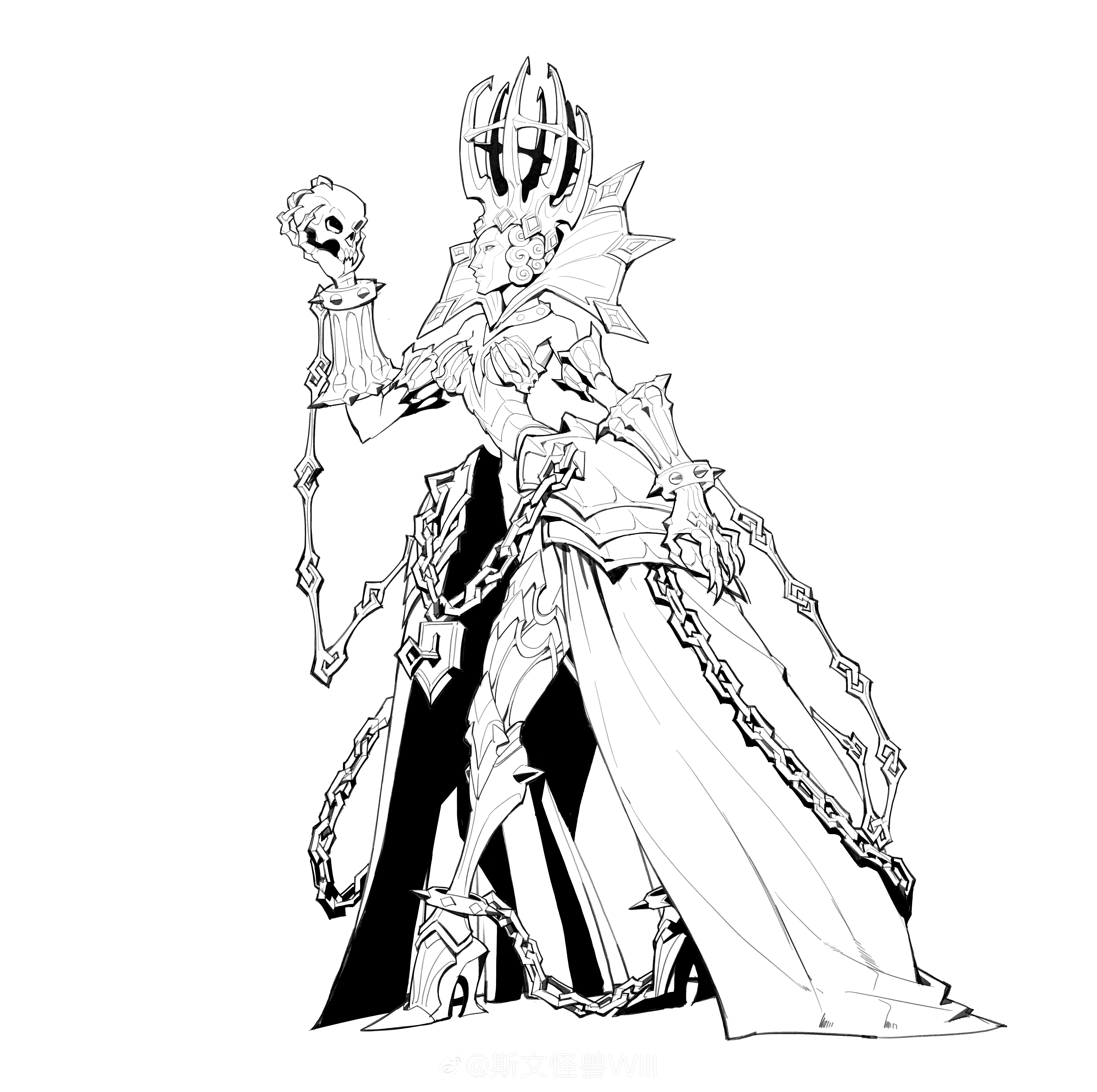 画师斯文怪兽为某款游戏设计的角色线稿作品,采用了中世纪的风格,人物