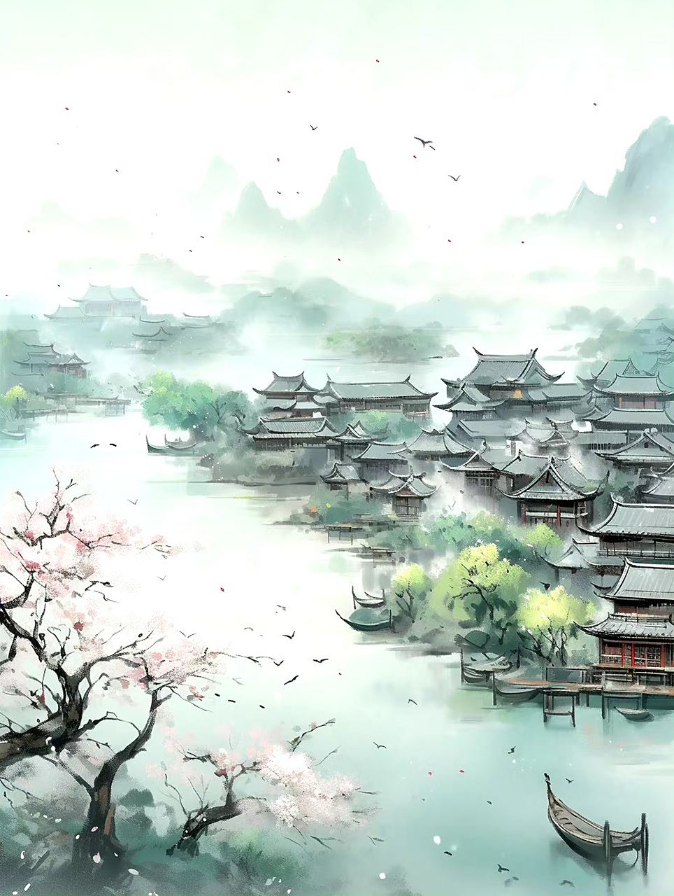ai生成的一组风景插画作品欣赏,最美不过江南烟雨景.