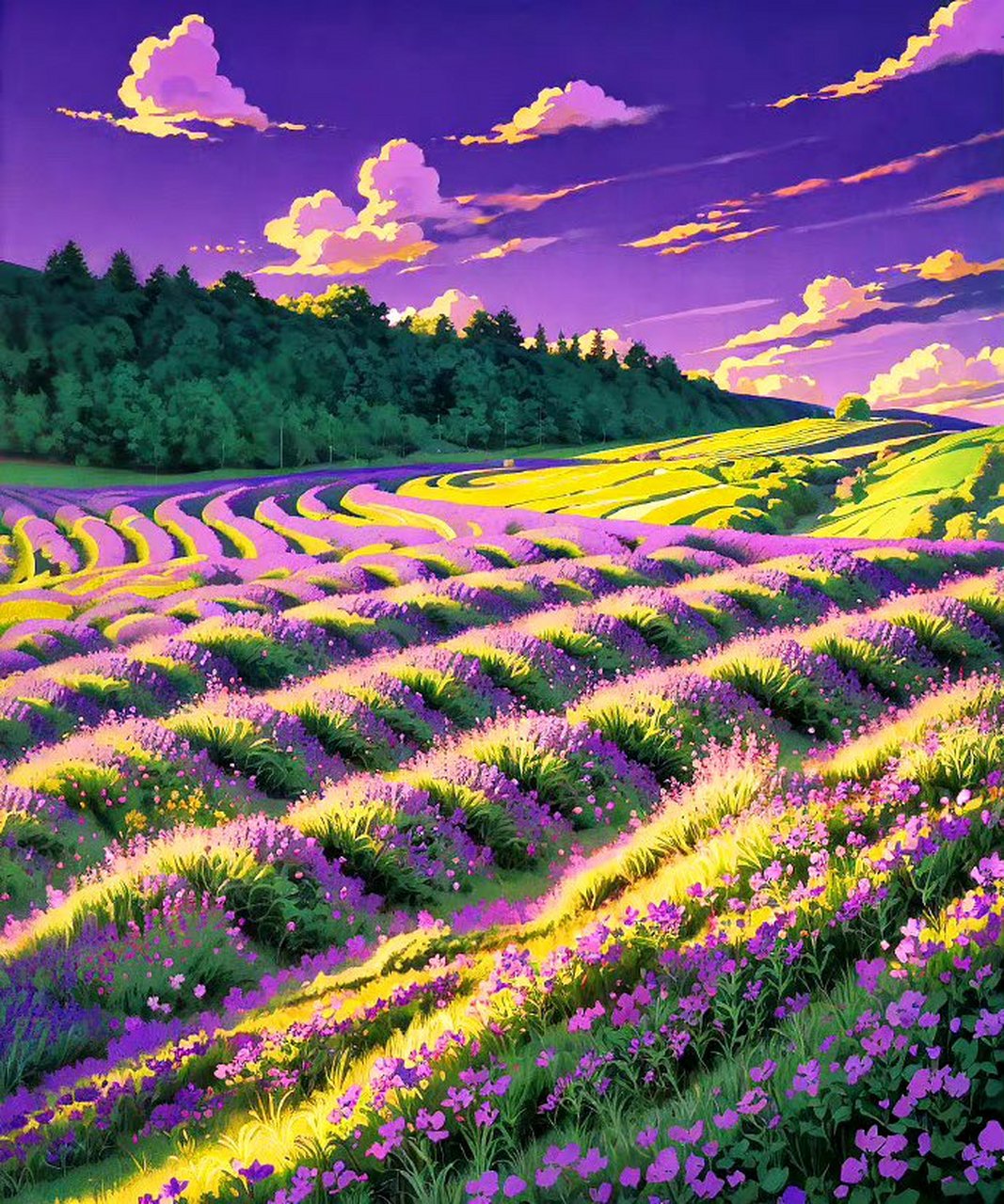 一组ai生成的风景作品,梦幻般的紫色花海.#动漫# #插画# #二次元