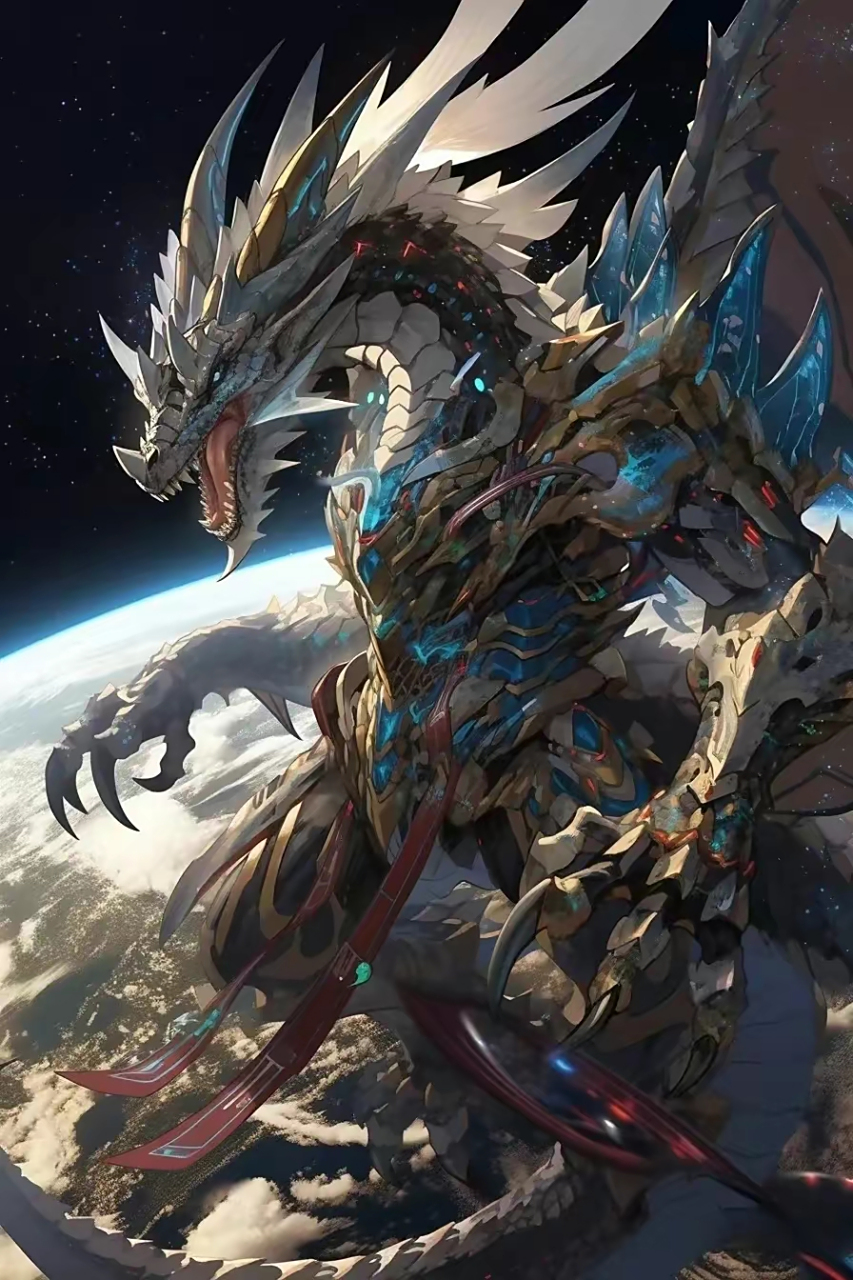 一组ai生成的神龙插画作品,还是西方龙的形象,飞翔在太空里