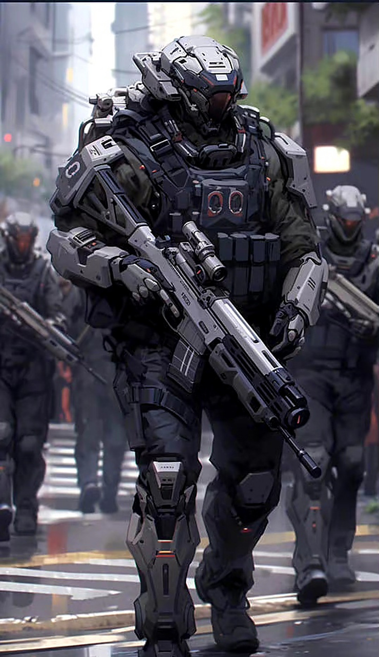 一组ai生成主题为"未来战士"的科幻作品,武器与盔甲设定比较出色,by