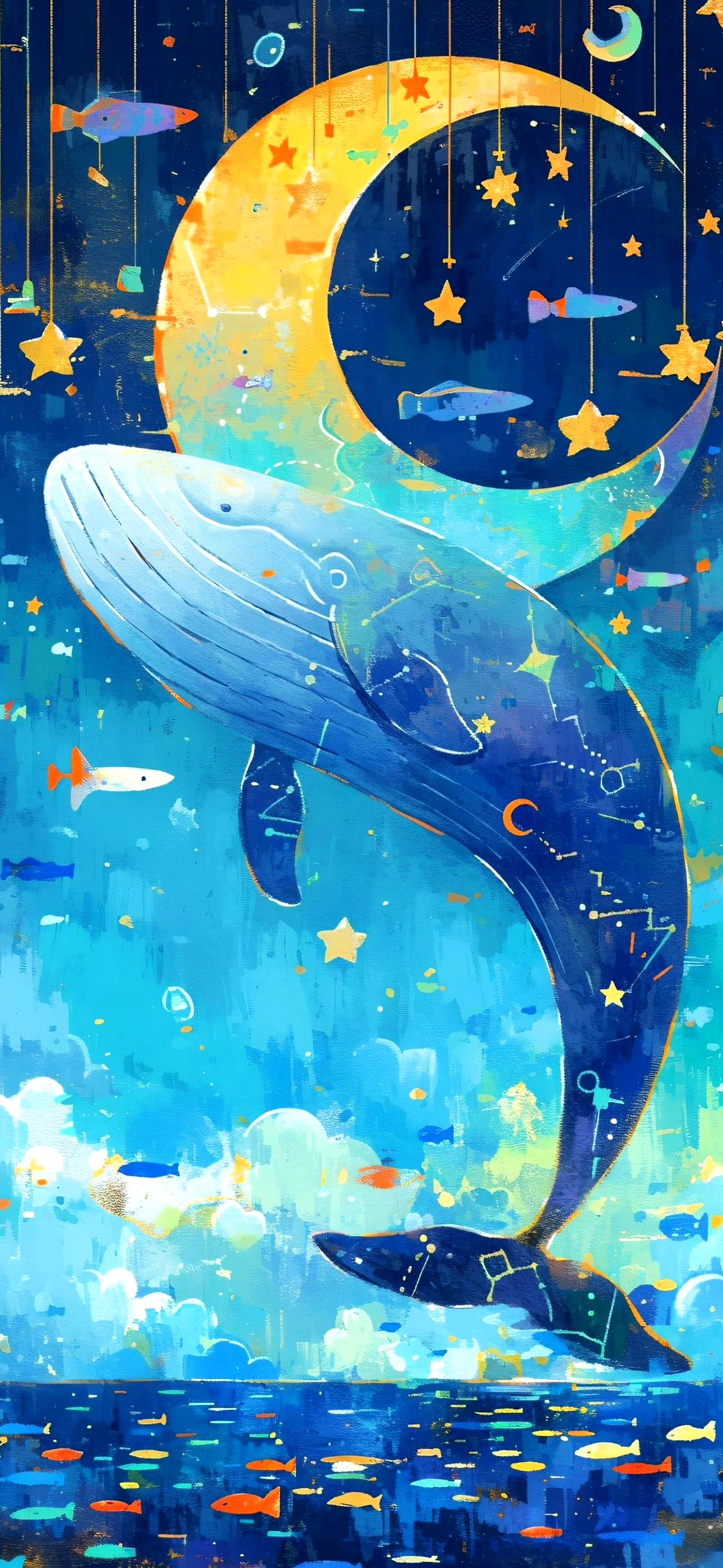 分享一组动漫场景绘画作品,用梦幻般的色彩描绘了少年与飞翔鲸鱼的