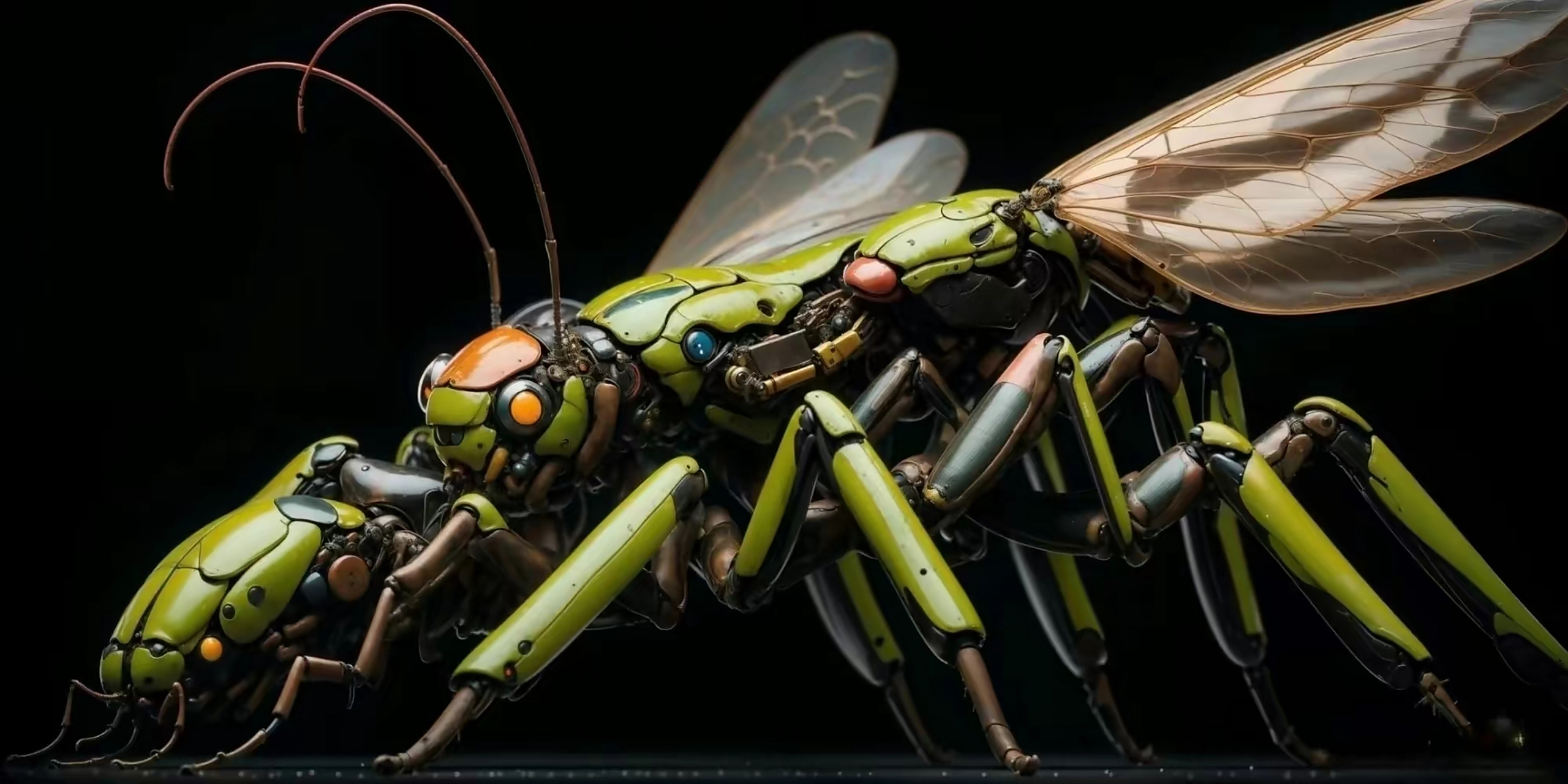 一组ai生成的机械昆虫插画作品,将昆虫的外骨骼替换成了机械外甲,by
