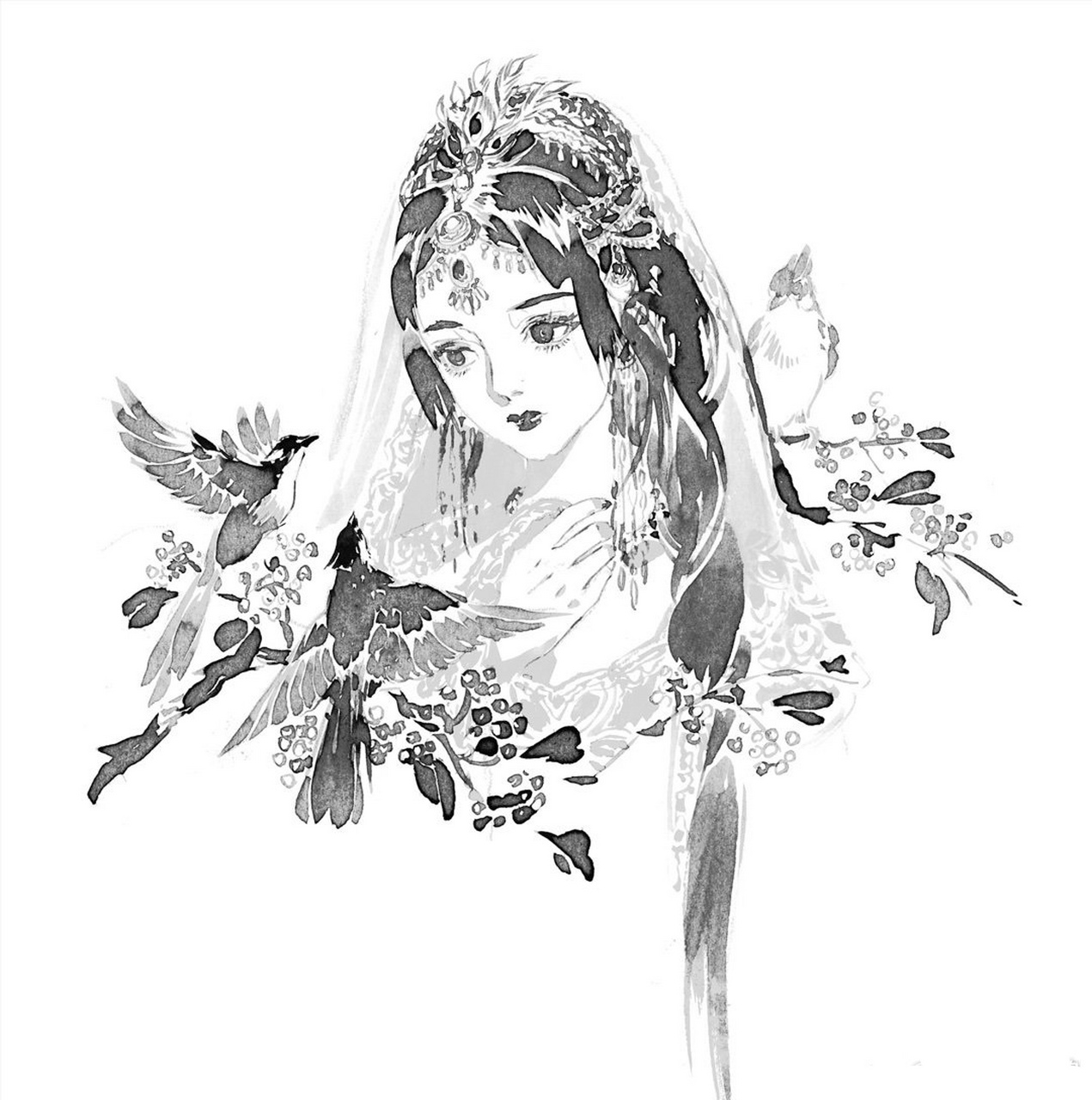 一组古风人物黑白线稿插画欣赏,by 木南叽叽鸡