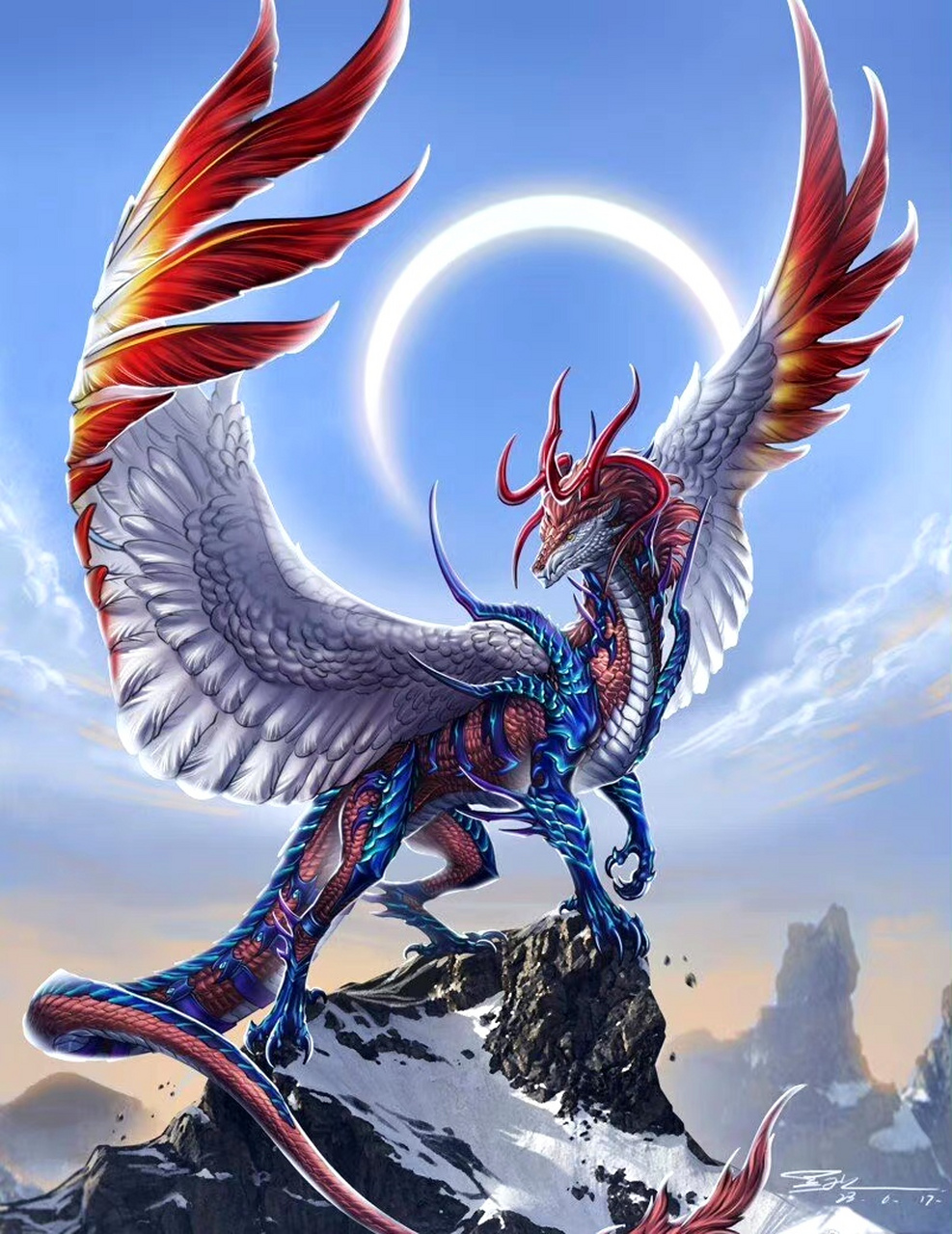 一组志怪神兽角色插画欣赏,用华丽的色彩展现了神兽的特色,by 黑子归.