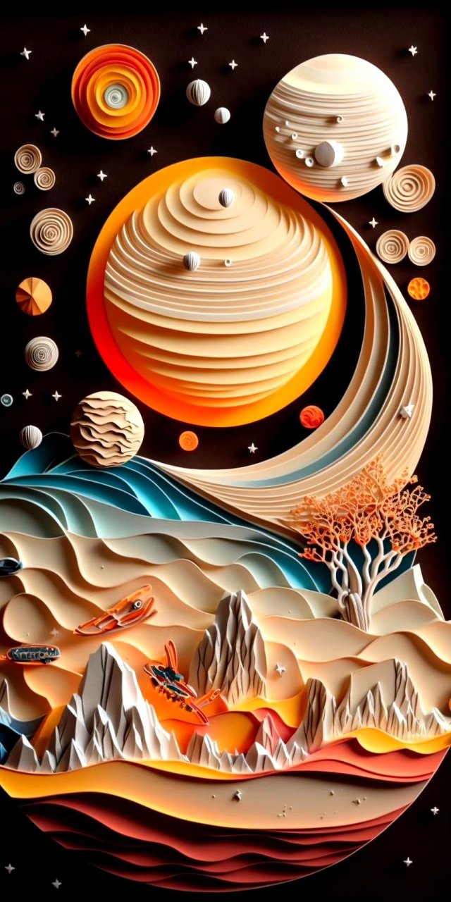 一组ai生成的衍纸风格的插画作品,将奇异的景色立体展现出来,by mid
