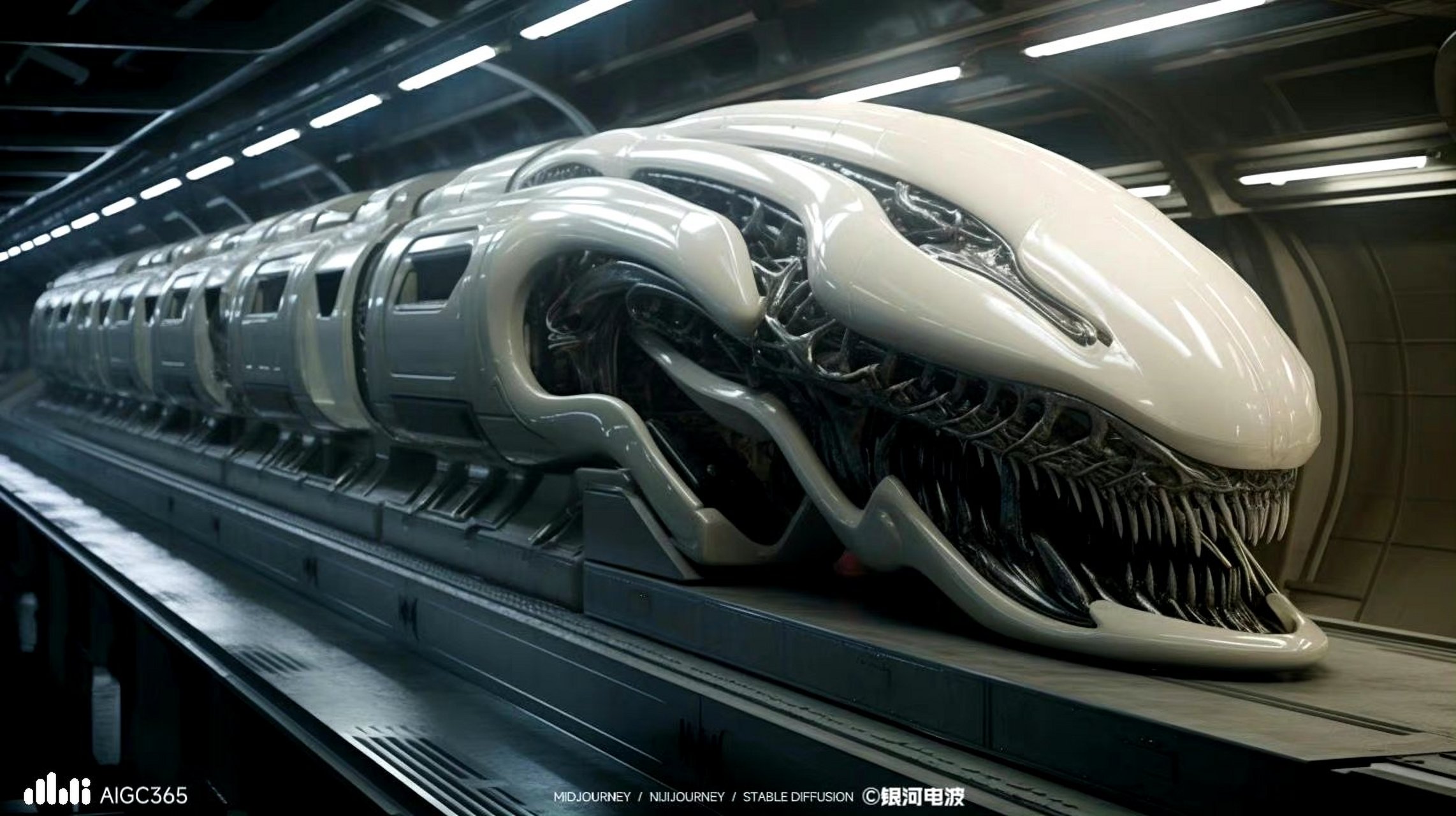 一组ai生成的异形列车,结合了机械与生化技术,by midjourney.