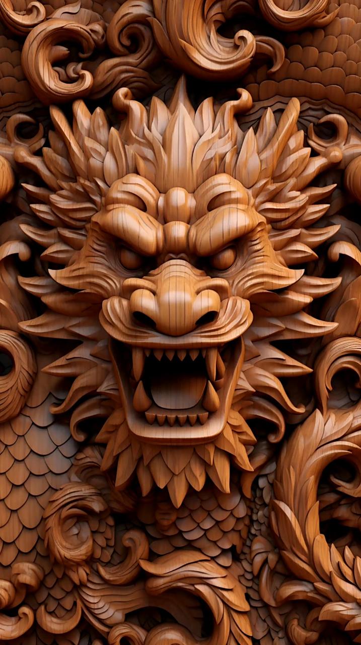 一组ai生成的龙形木雕,展现了龙的威武与木质的纹理.