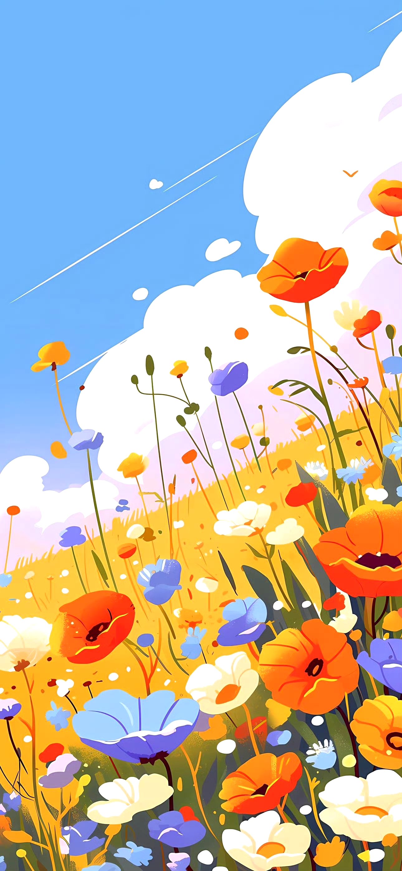 描绘了郁金香盛开的景色,鲜花与晴空构成了美丽的图画