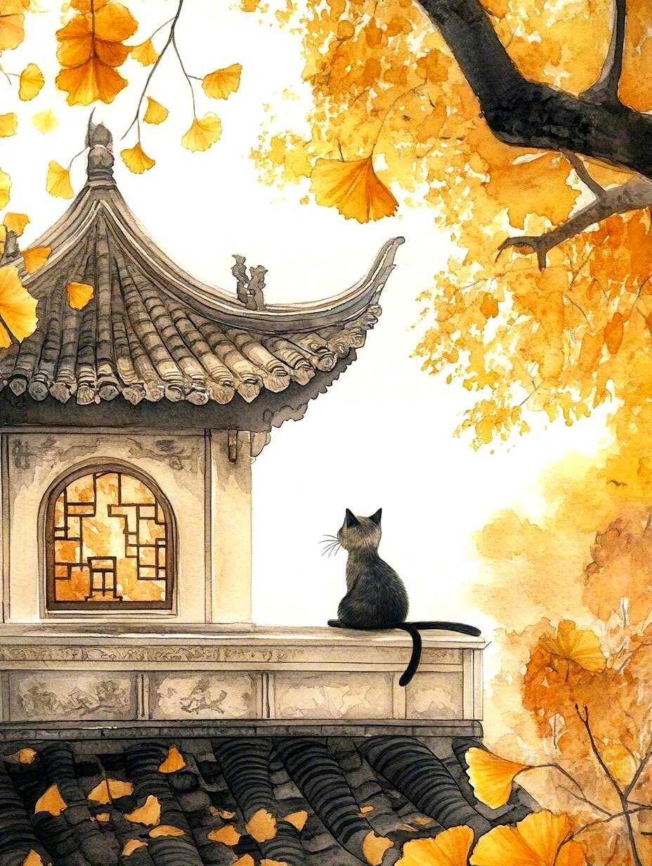 分享一组风景绘画作品,用二次元的方式展现了金秋的景色,落叶与猫咪构