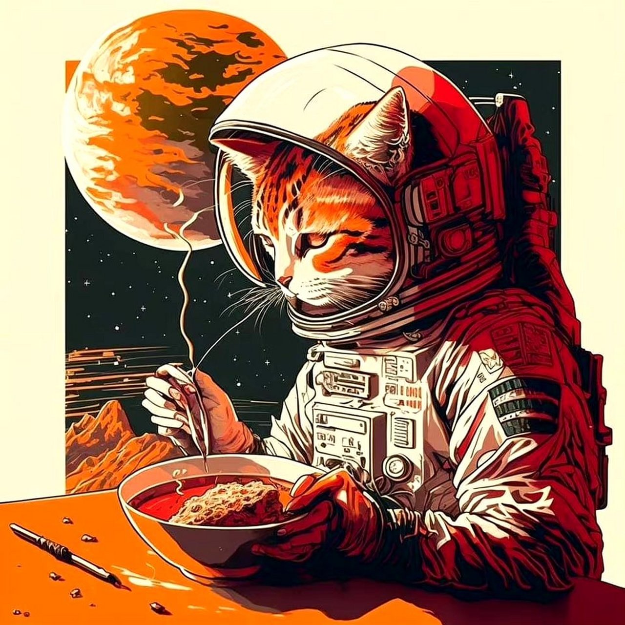 一组ai生成的科幻插画作品,猫猫宇航员,by midjourney.