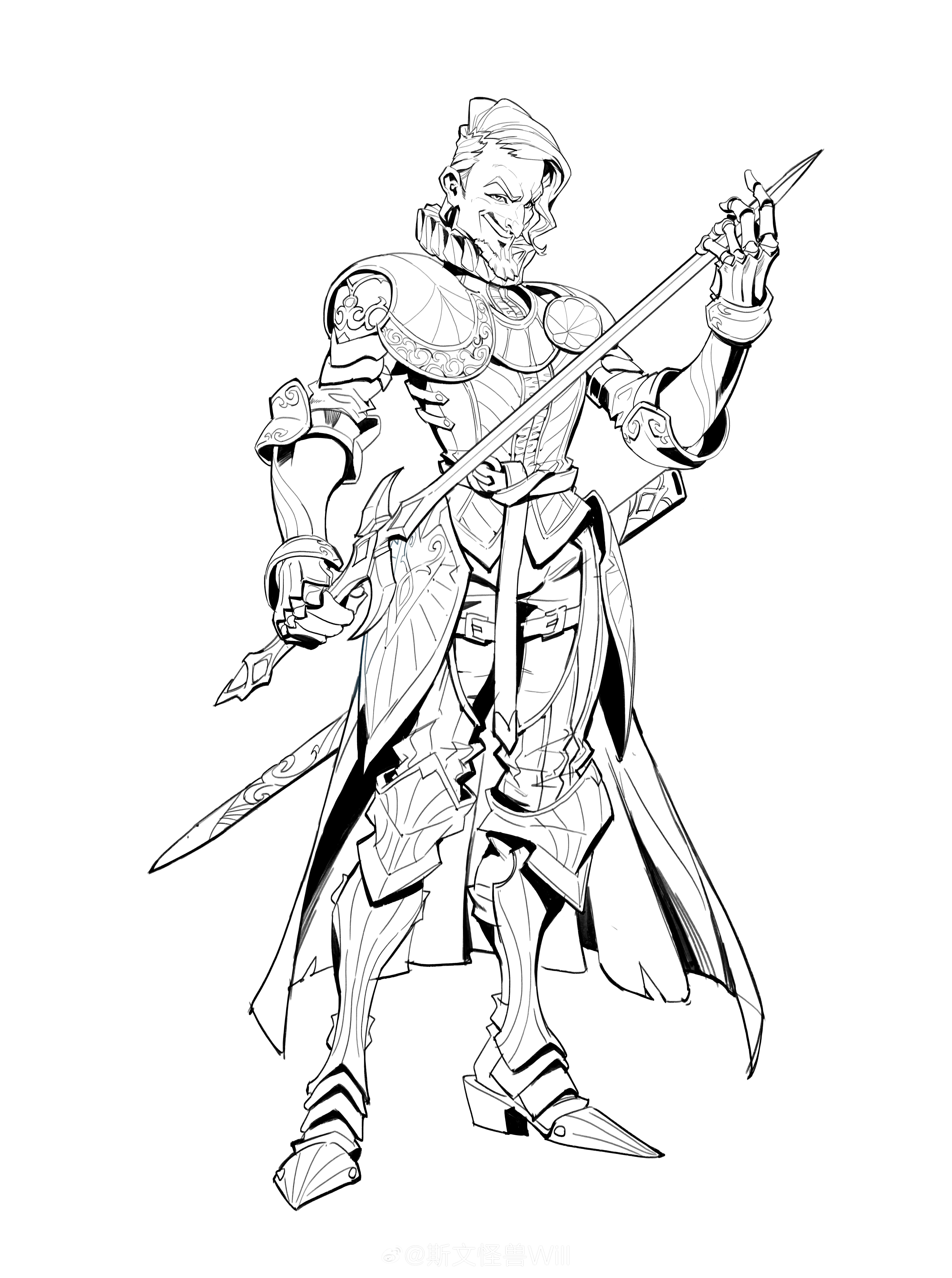 画师斯文怪兽为某款游戏设计的角色线稿作品,采用了中世纪的风格,人物