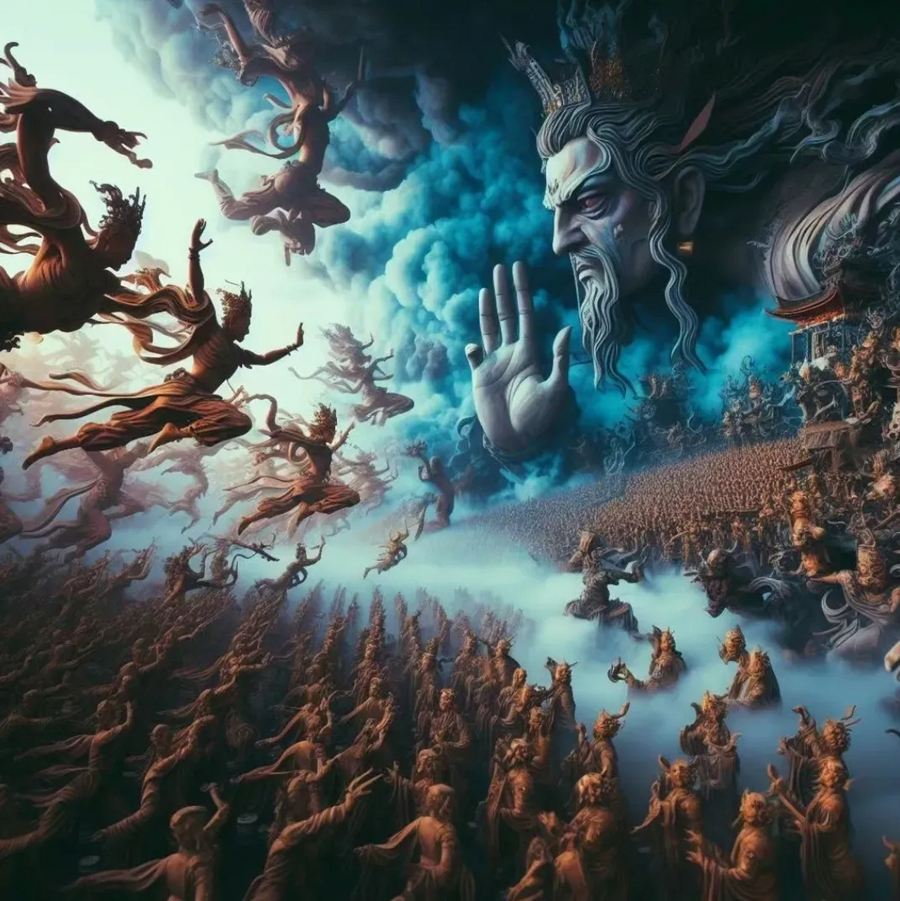 ai生成的一组神话场景作品,主题《众神之战》,画面十分恢宏大气.