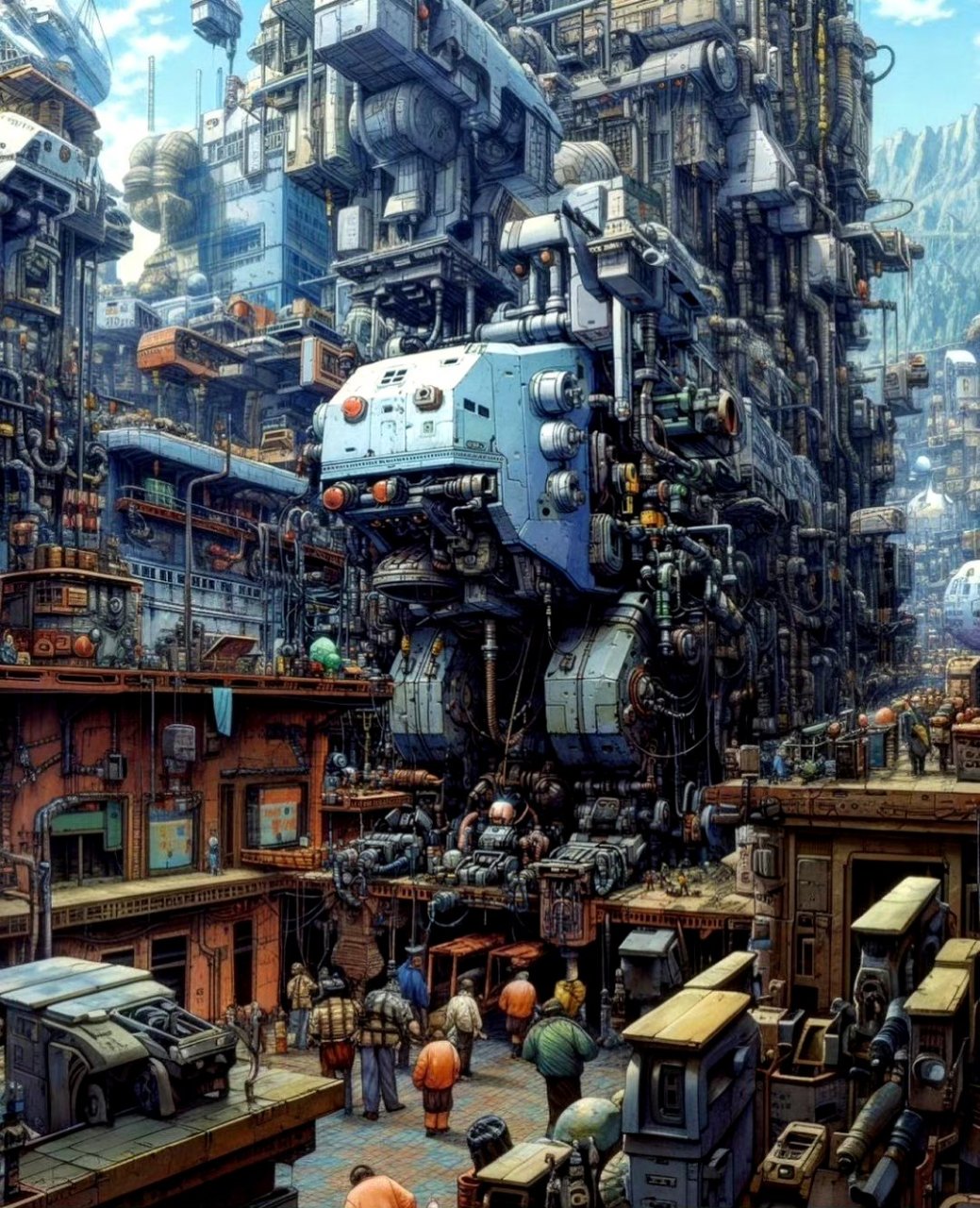 一组ai生成主题为"未来都市"的插画作品,带有浓厚的废土机械风格, by