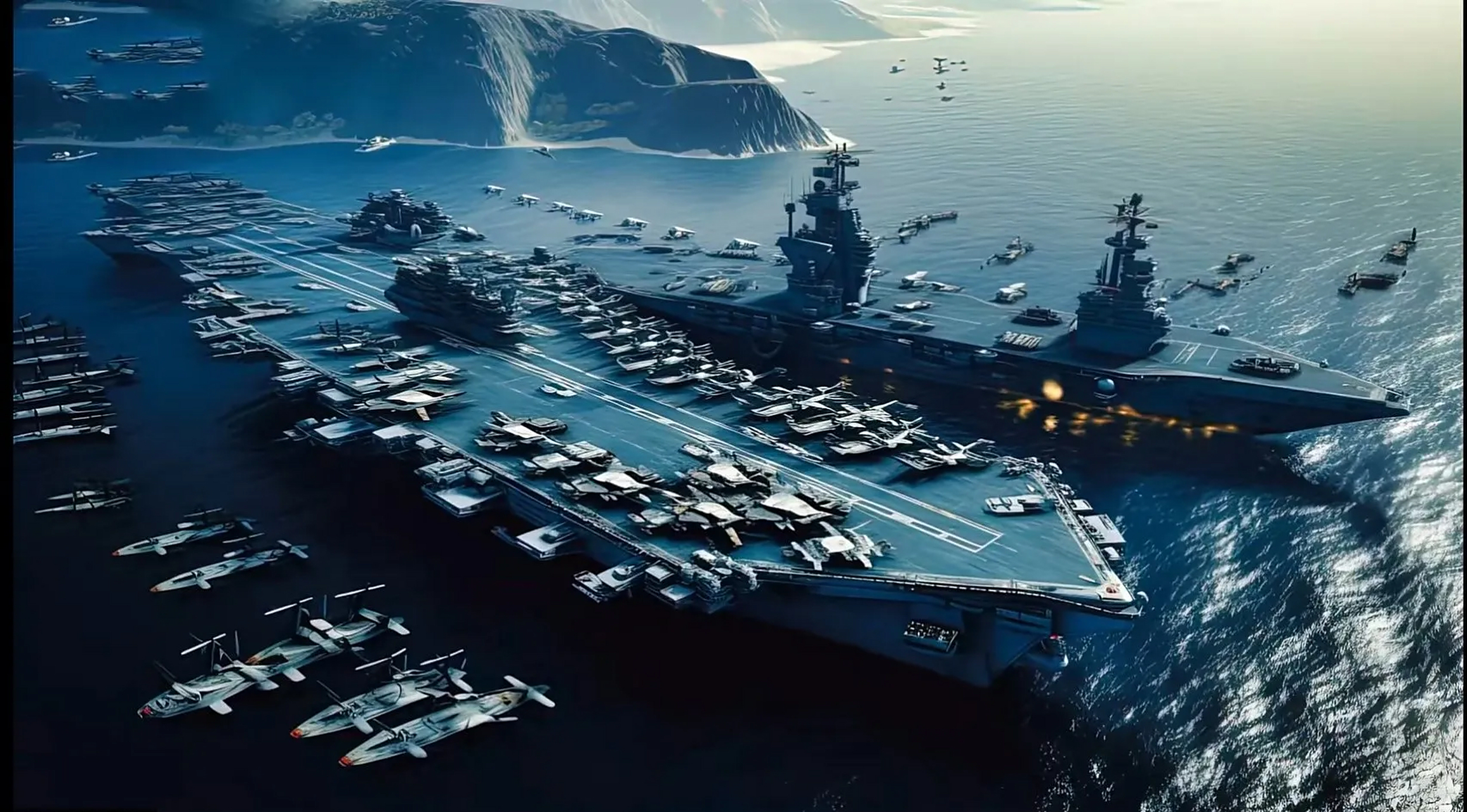 一组ai生成的航空母舰绘画作品,感觉对航母的概念理解有偏差,by mid