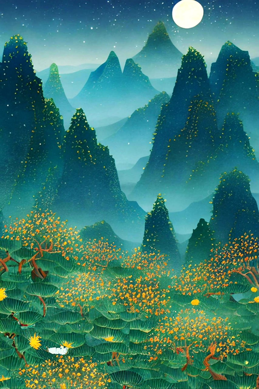 ai生成的一组国风山水插画作品,浓黛绣苍山,翠绿描江岛.