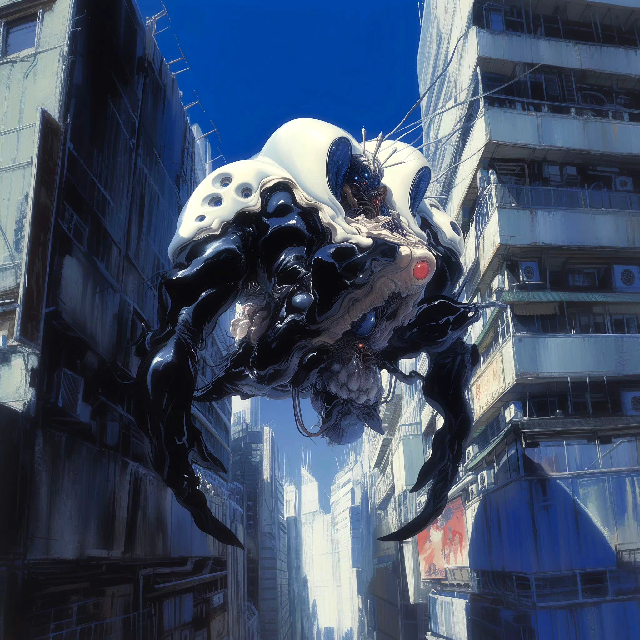 ai生成的一组科幻动漫作品,描绘了在都市中出现的巨型怪兽,有eva中