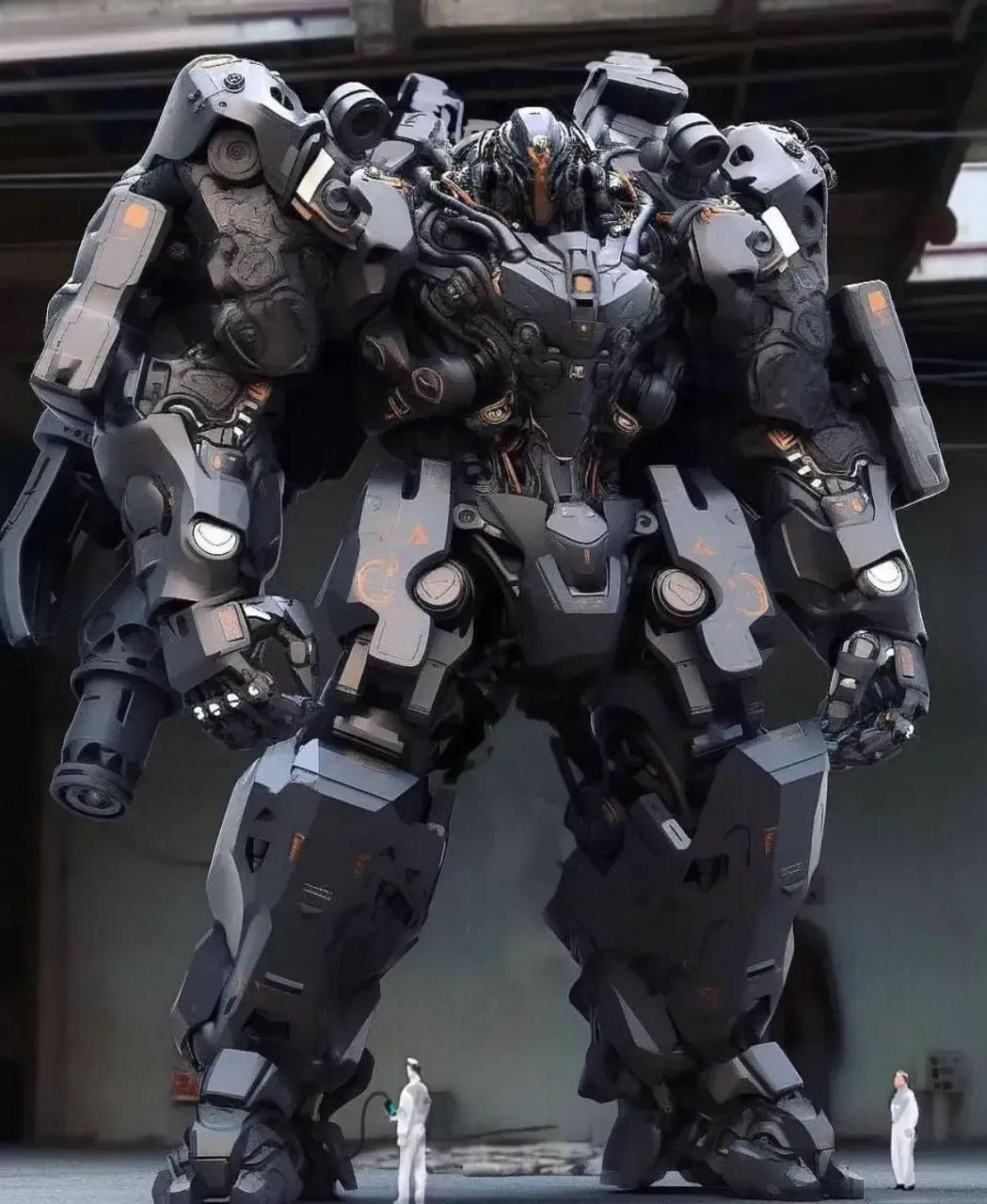ai生成的一组机甲作品,机体外形壮硕,装甲厚重,搭载了各种重型的武器