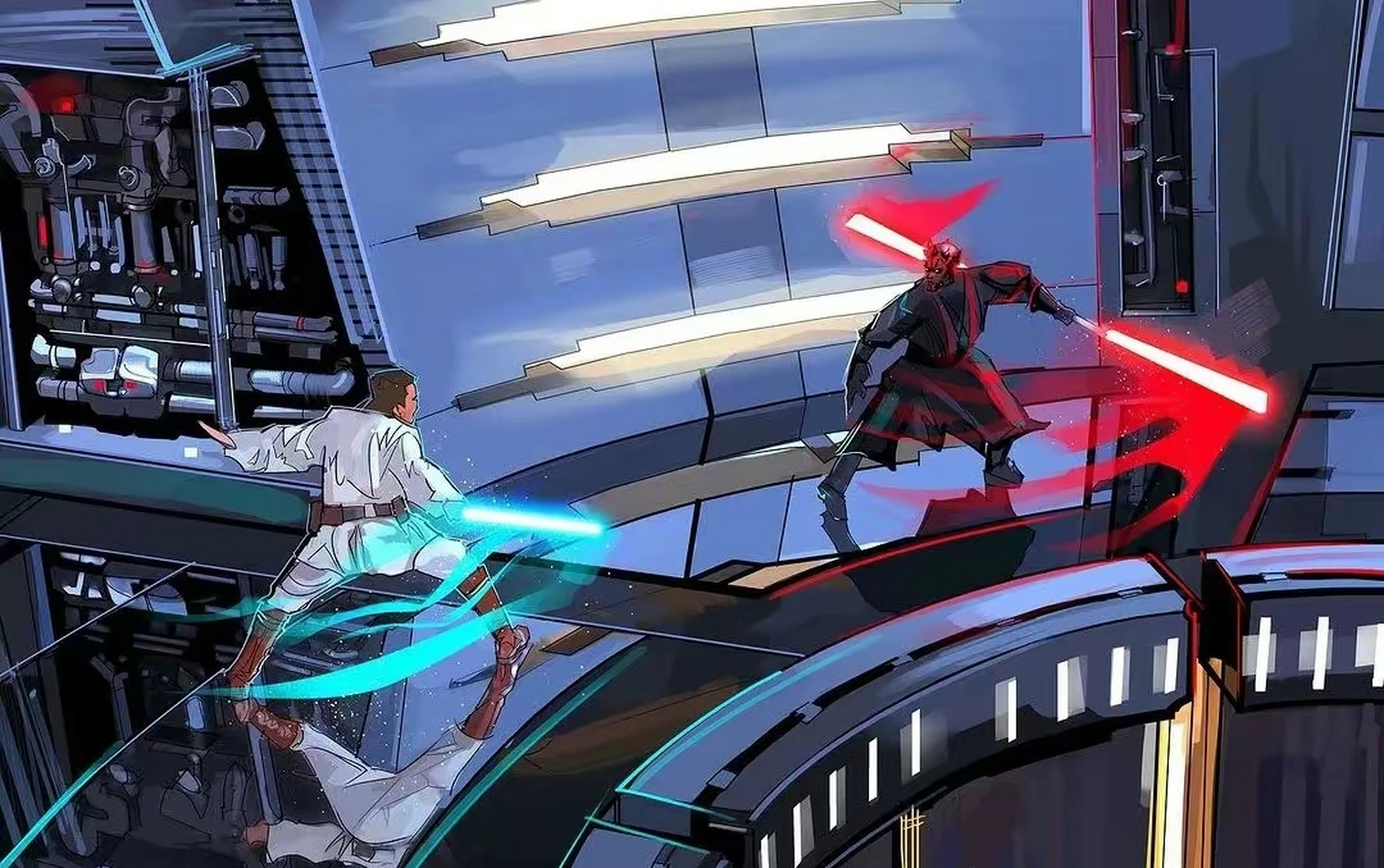 一组电影《星球大战》插画欣赏,展现了光剑对战的瞬间.