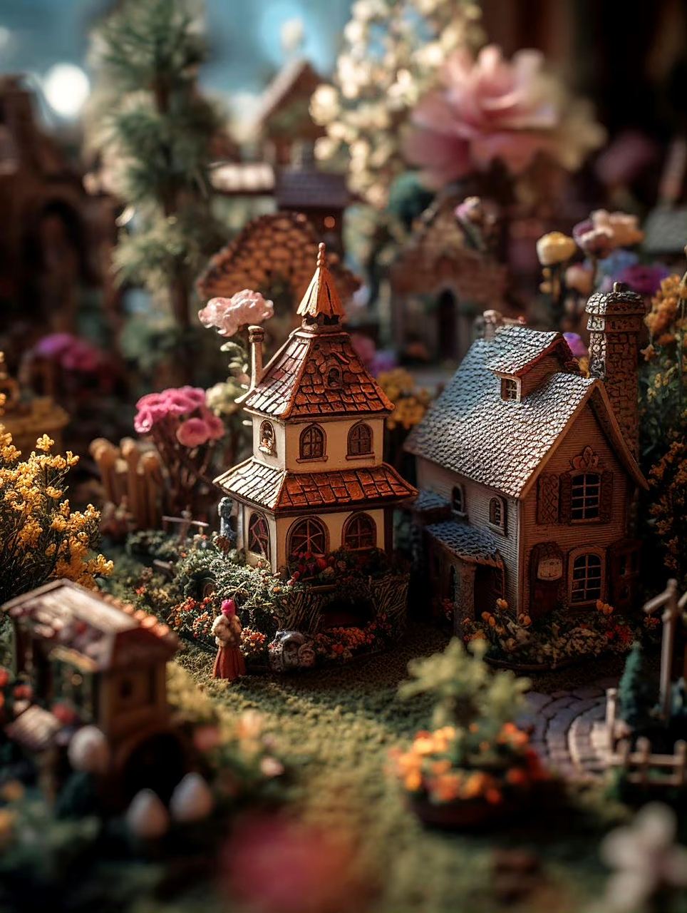 一组ai生成的微缩场景模型,像童话世界的精灵小屋,by midjourney.