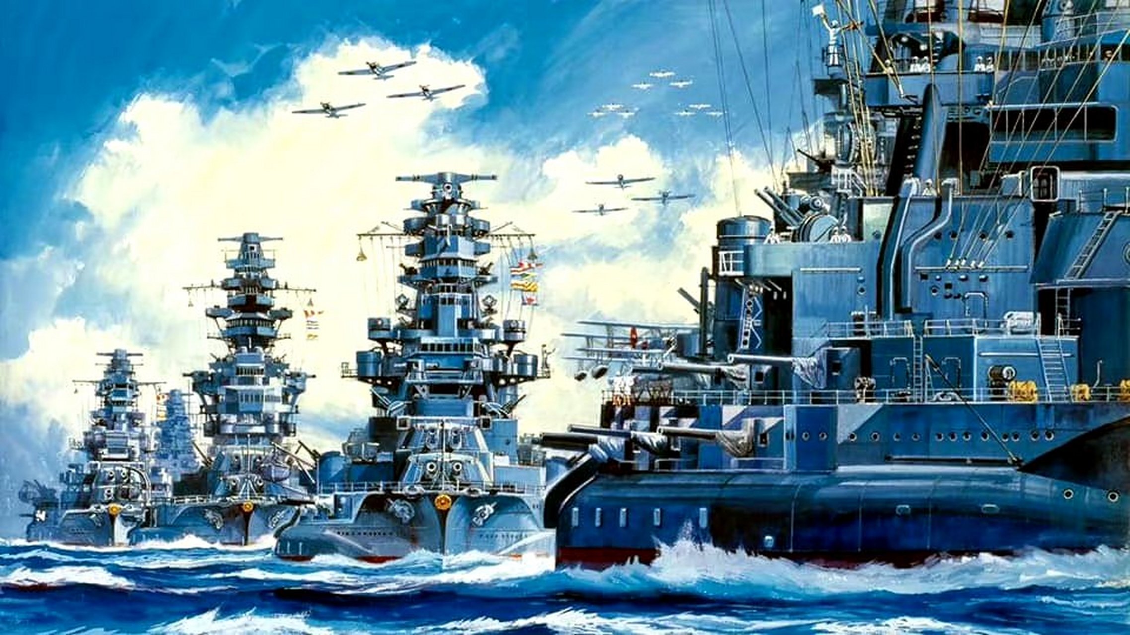 一组展现海军主力舰的油画作品,它们或停泊或战斗,现在都已经成为了