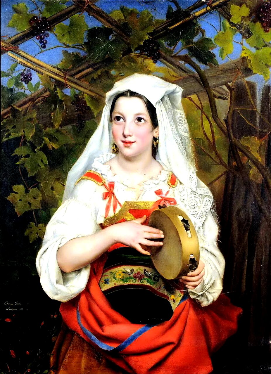 在十九世纪的意大利,乡镇妇女普遍流行把头巾折叠成方形戴在头顶,从