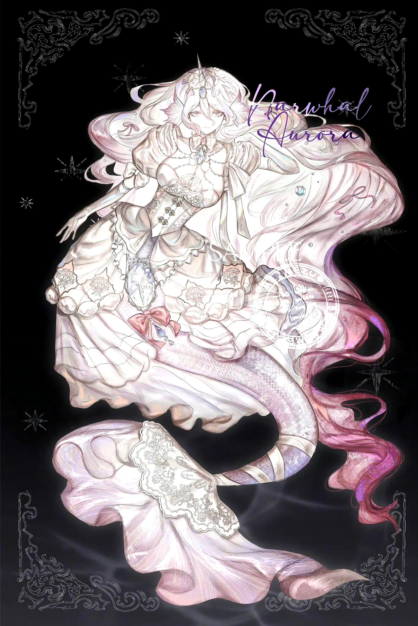 画师meimezu绘制的美人鱼插画作品,用流畅的线条描绘了造型华丽的人鱼