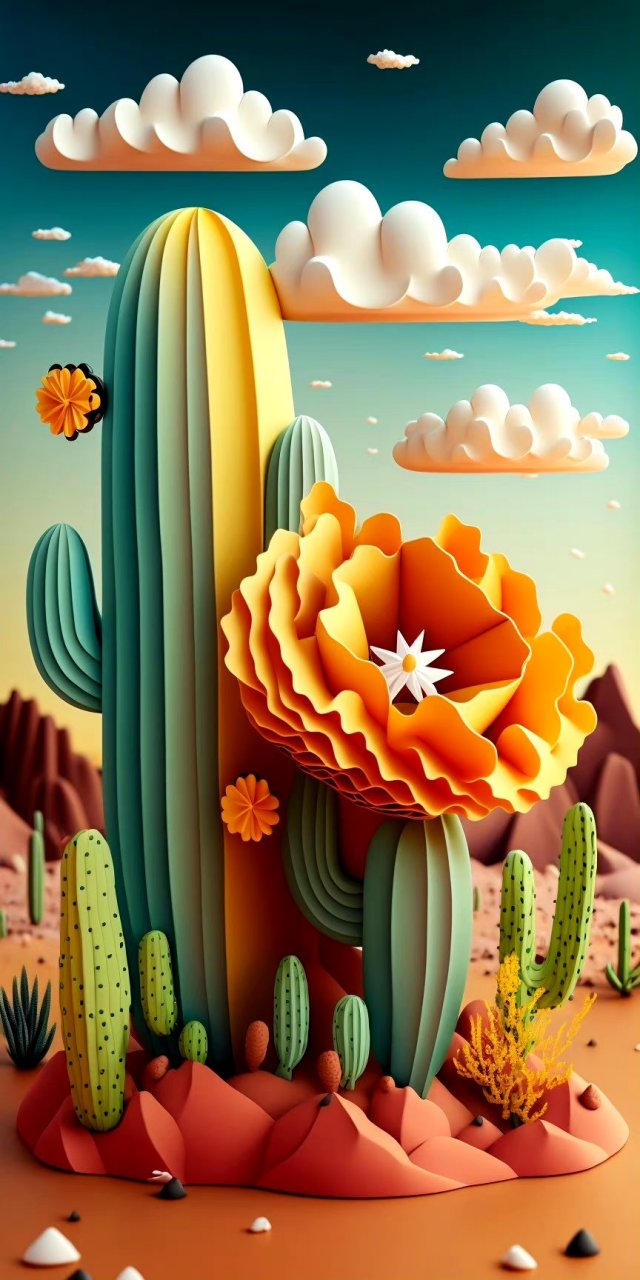 一组ai生成的衍纸风格插画欣赏,描绘了郁金香,仙人掌和山峰组成的景色