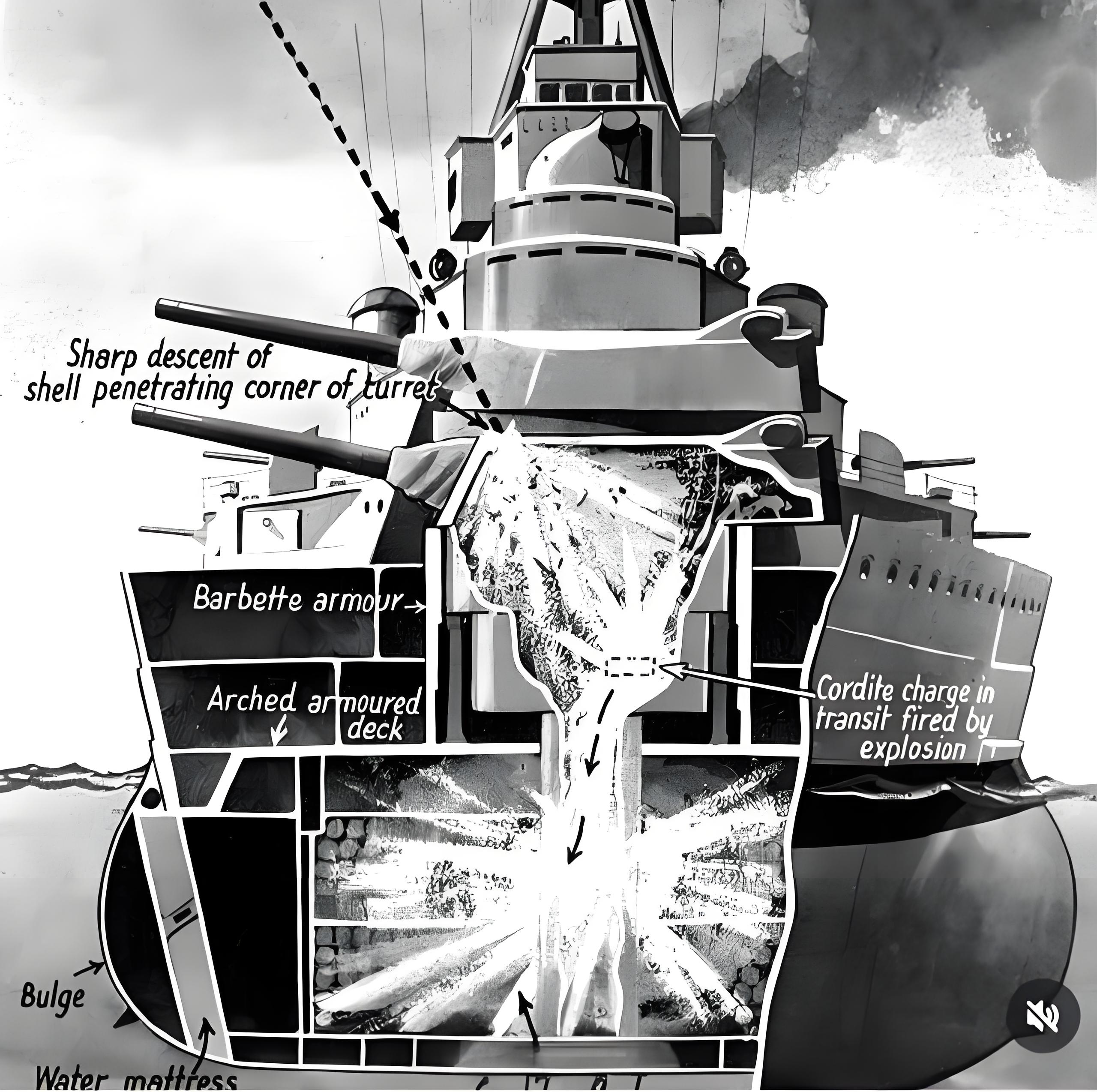 战列巡洋舰胡德号在与战列舰俾斯麦号的战斗中沉没的示意图