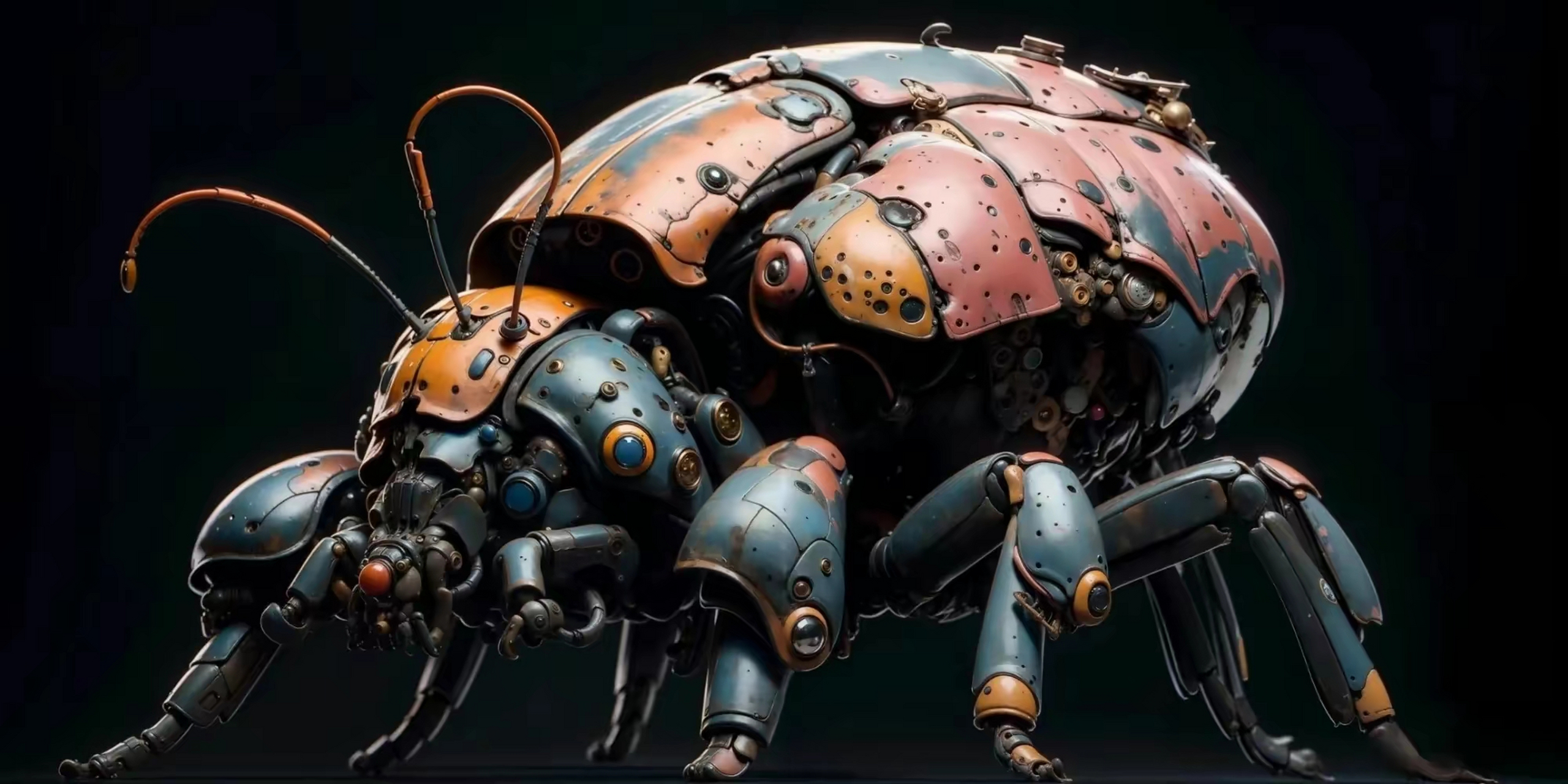 一组ai生成的机械昆虫插画作品,将昆虫的外骨骼替换成了机械外甲,by