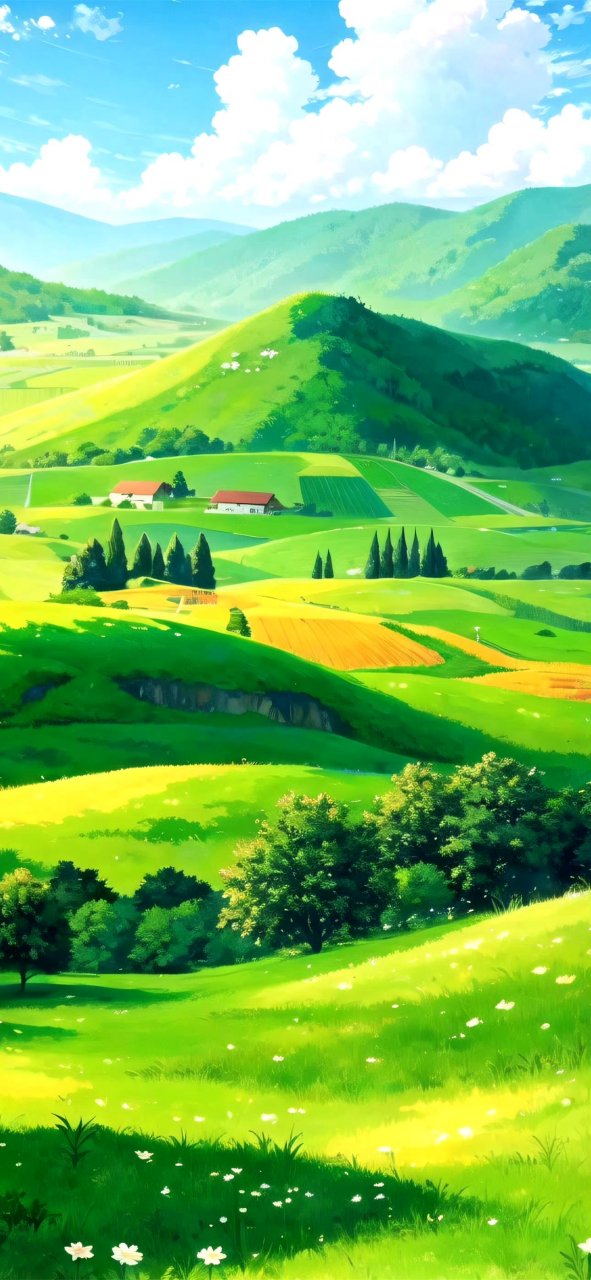 风景绘画作品,用明快的绿色描绘了山林与旷野的景色,展现了大自然壮美