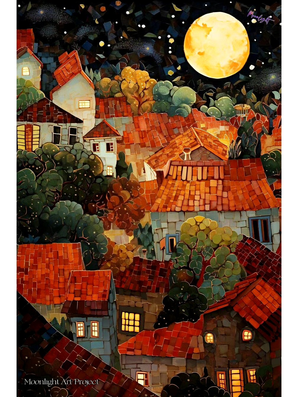 分享一组风景插画作品欣赏,展现了夕阳和月光下的红瓦房,画面色彩浓郁