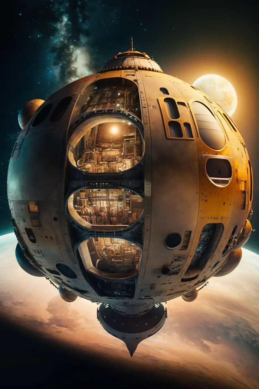 ai生成的一组空间站插画作品,太空中漂浮着巨大的圆形空间站.