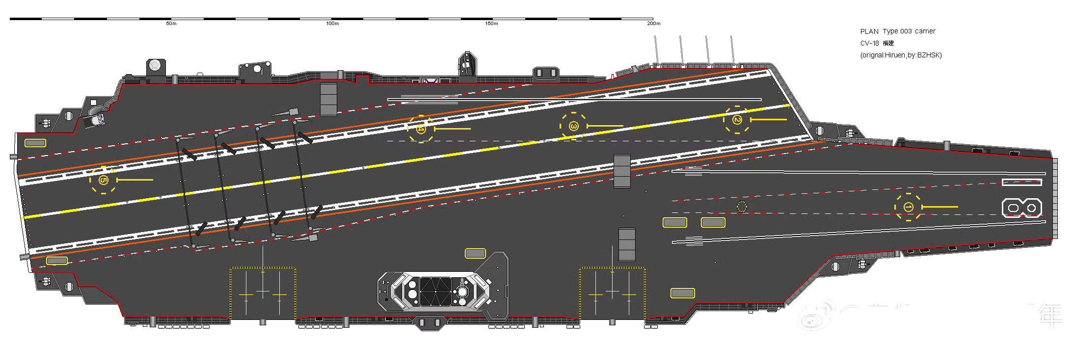 分享一组福建舰顶视图和侧视图插画,展现了其甲板布局和舰载机布置