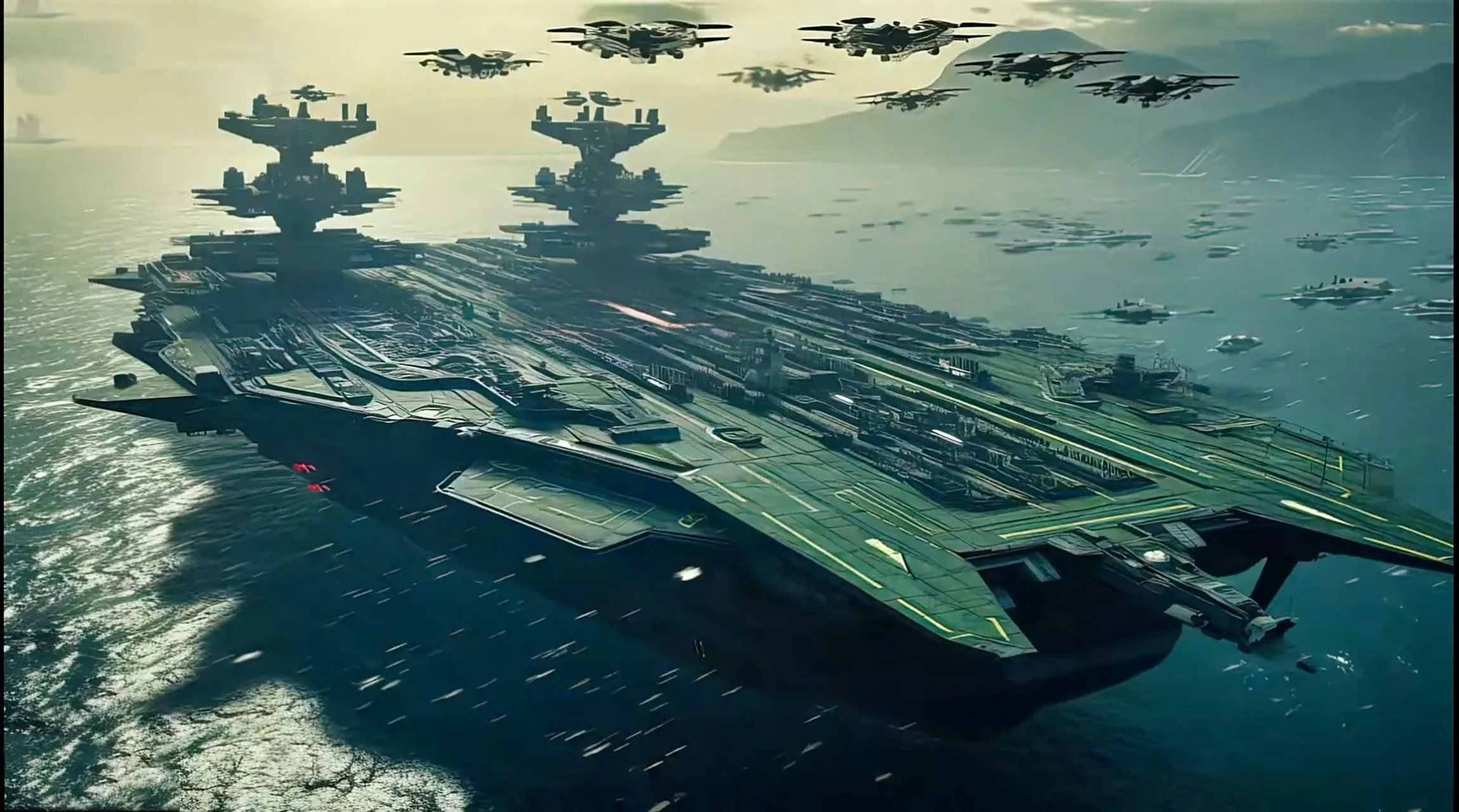 一组ai生成的航空母舰绘画作品,感觉对航母的概念理解有偏差,by mid