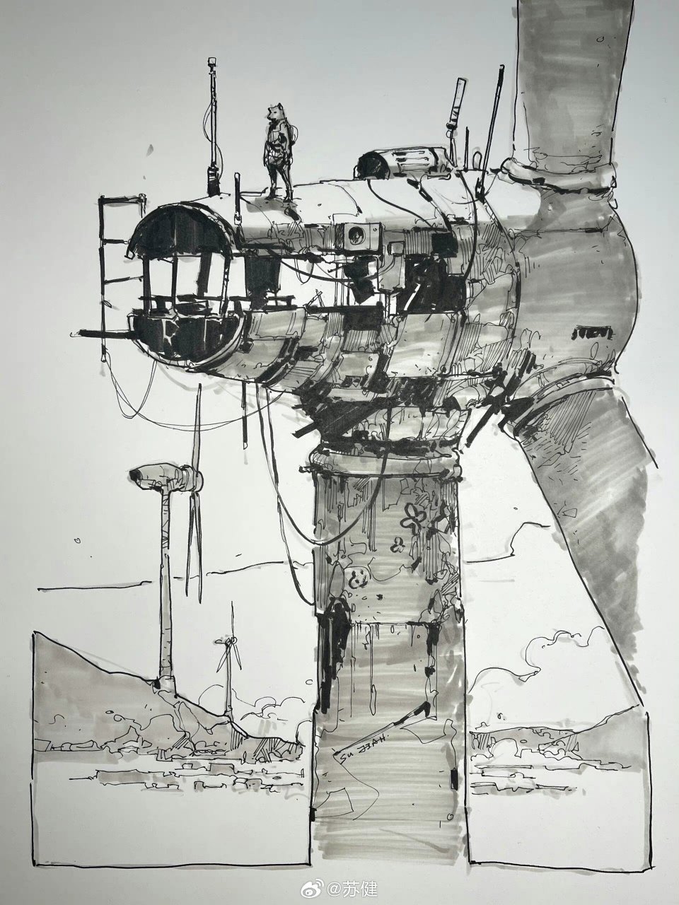 画师苏健黑白线稿插画作品欣赏,用线条突出了人物的性格与末世的荒凉.