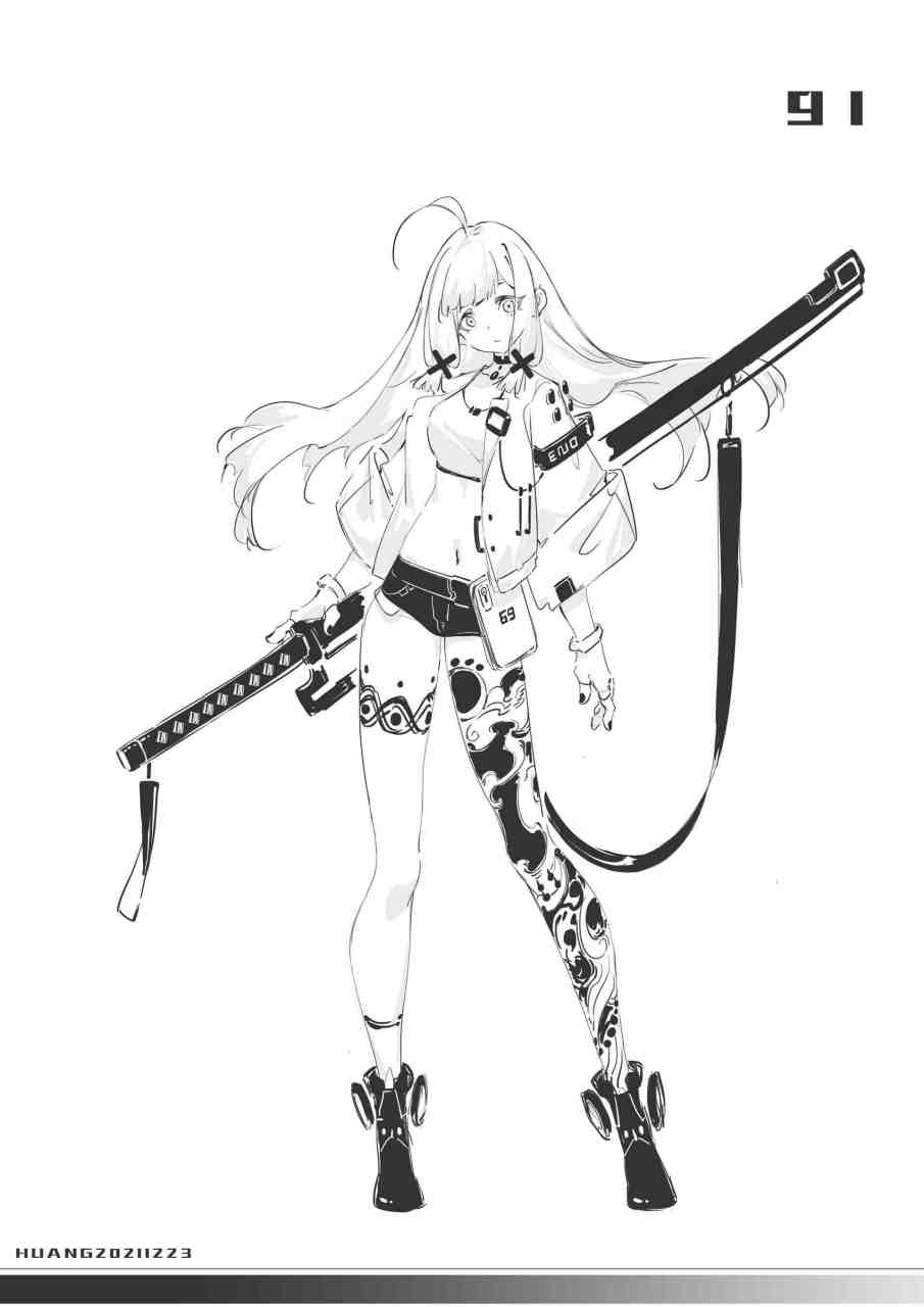 一组动漫角色黑白线稿插画欣赏,描绘了使用巨大武器的女战士,by huang