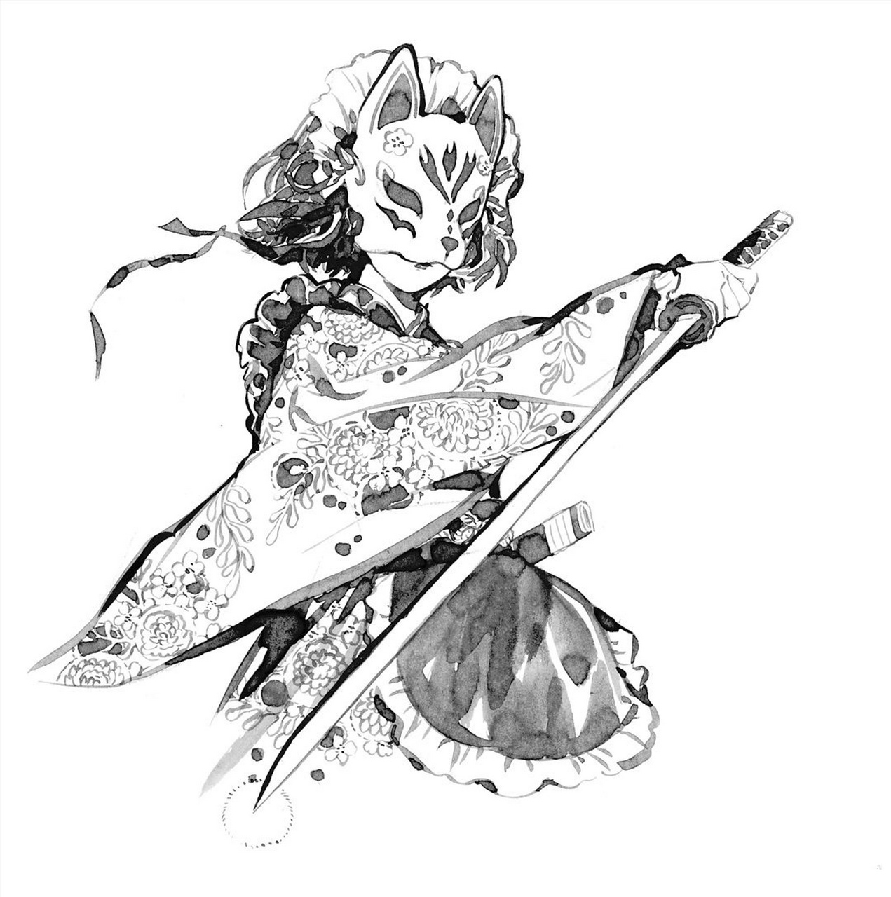 一组古风人物黑白线稿插画欣赏,by 木南叽叽鸡