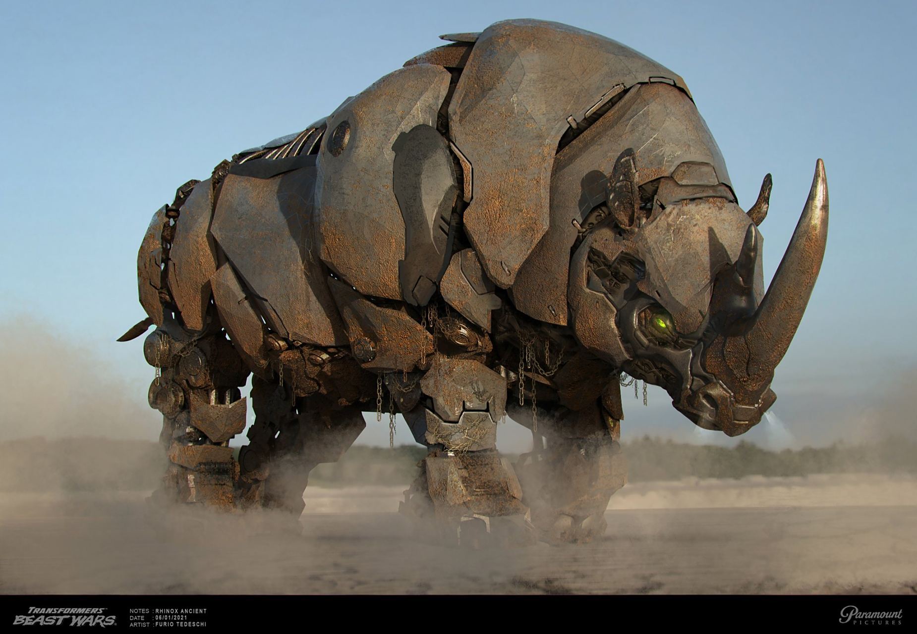《变形金刚:超能勇士崛起》犀牛勇士概念设定图,盔甲可以展开,有电击