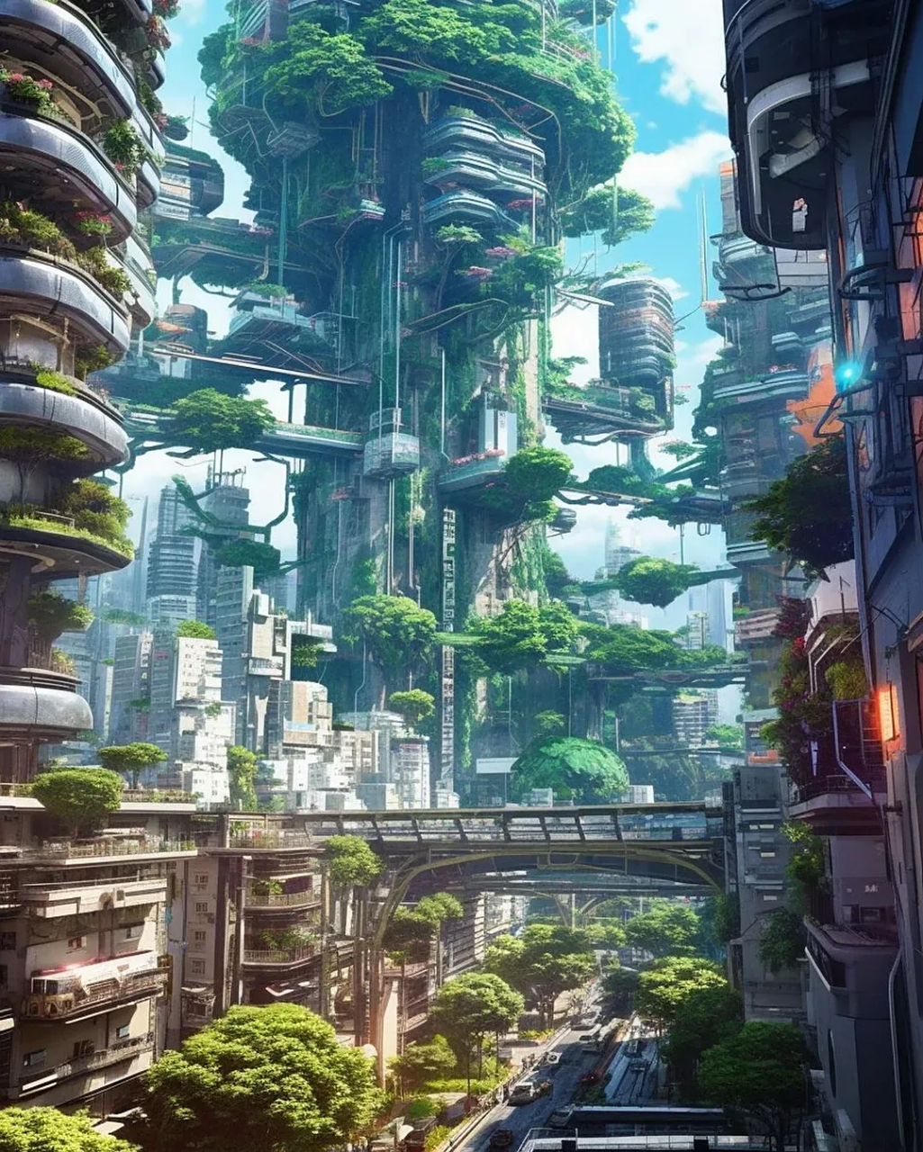 一组ai生成"未来城市"为主题的插画作品,展现了未来城市风格的多样性