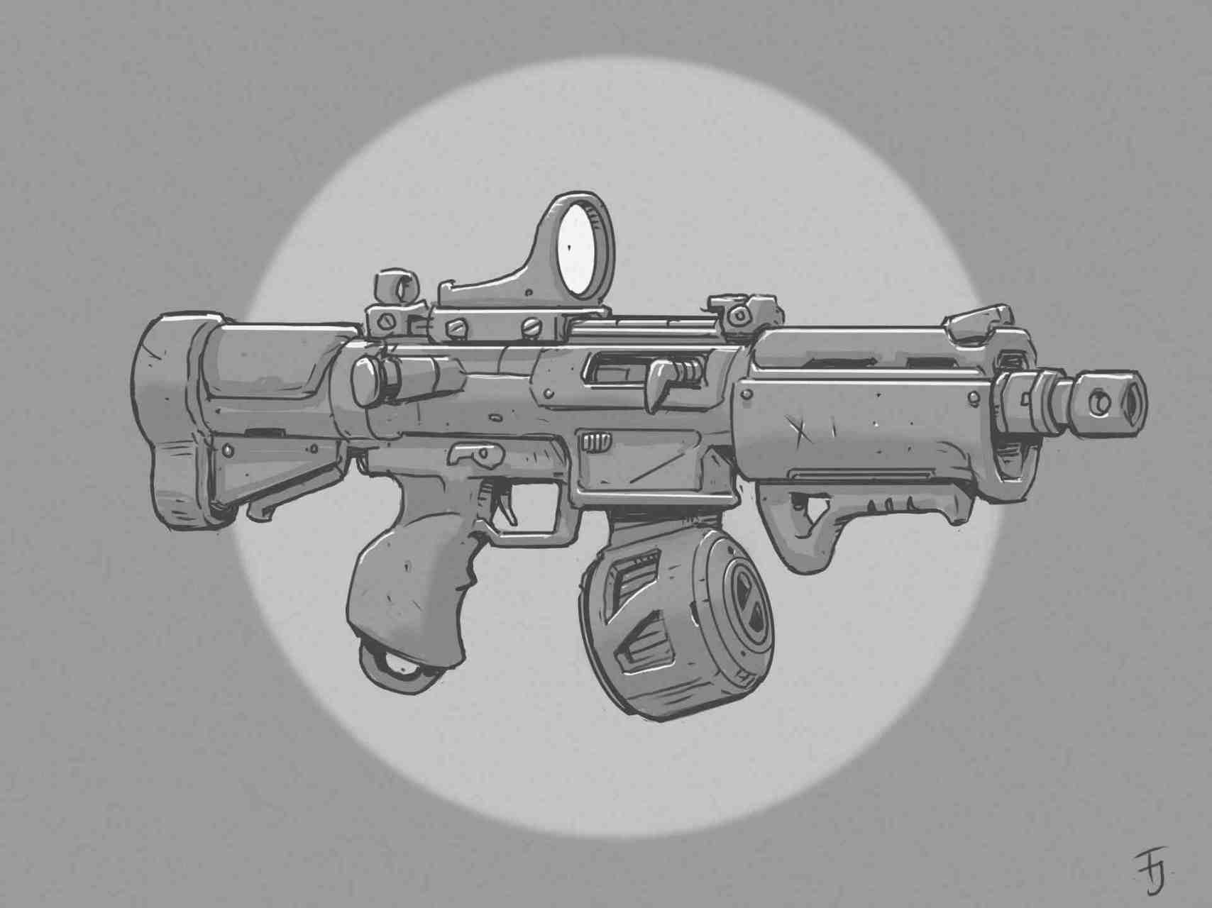 丹麦概念艺术家frederik jeppesen绘制的一组动漫枪械设计草图,武器